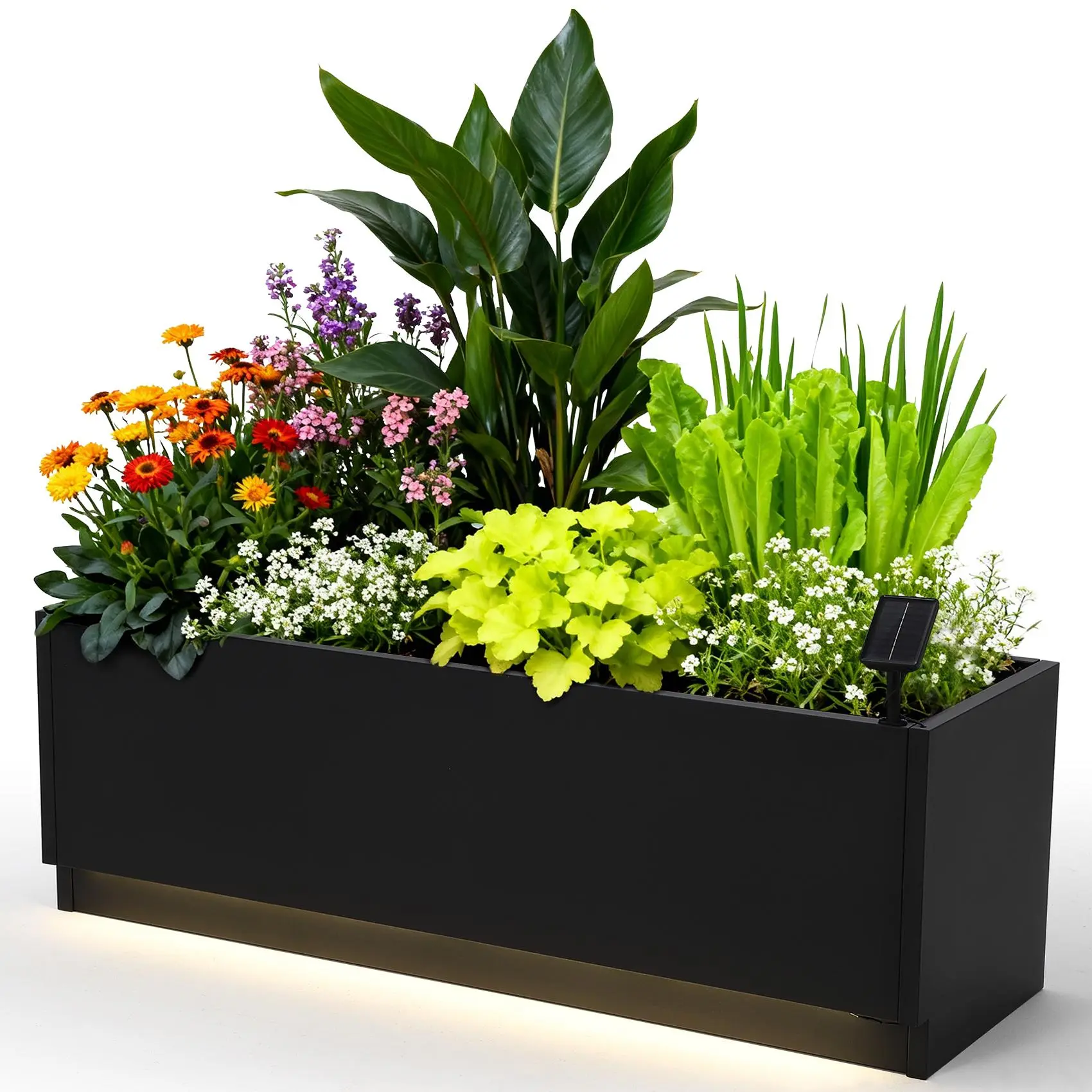 47" LED Metal Planter Box - Raised Garden Bed with LED Lights, Modern Black Steel Flower Pot for Patio, Balcony, Tool-Free Assembly, Drain Holes, Weather-Resistant Home & Garden Decor, Herb Container, Outdoor Decor