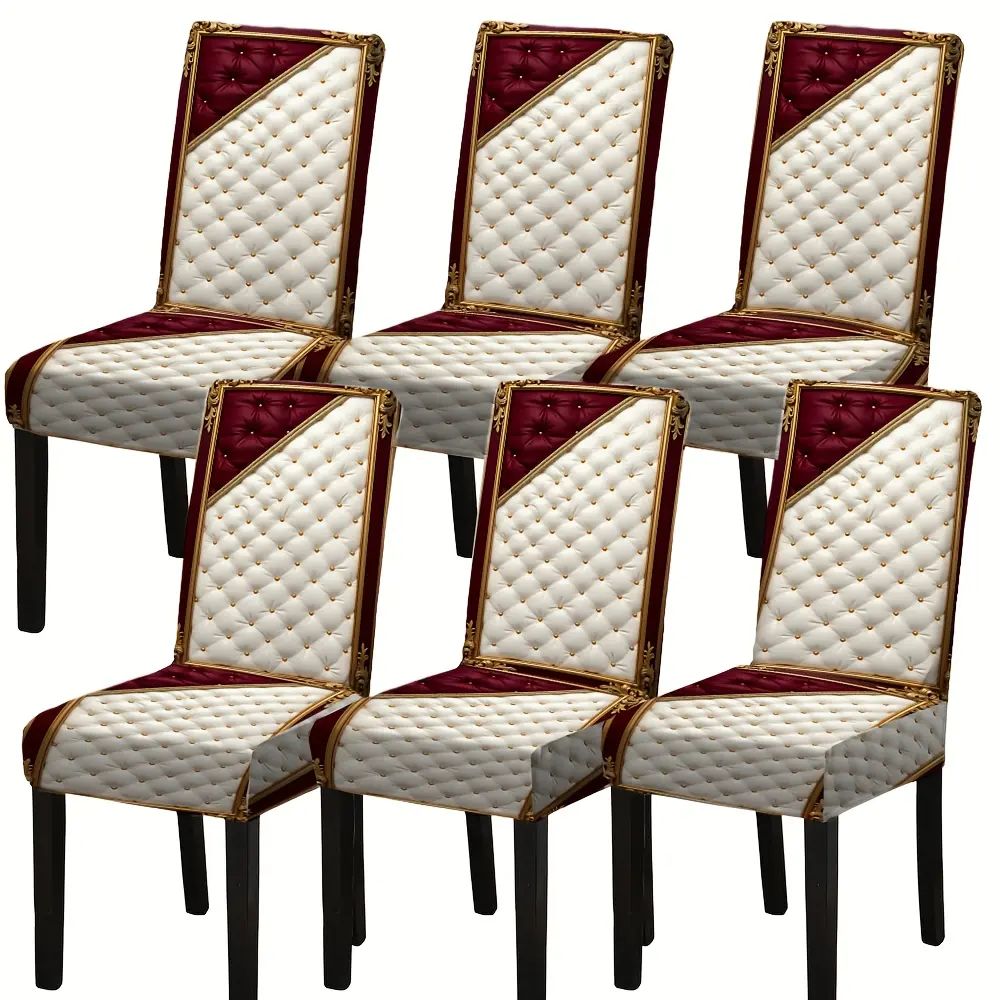 4/6 Elastic Dining Chair Covers Elegant White & Burgundy Quilted Pattern for Home Decor