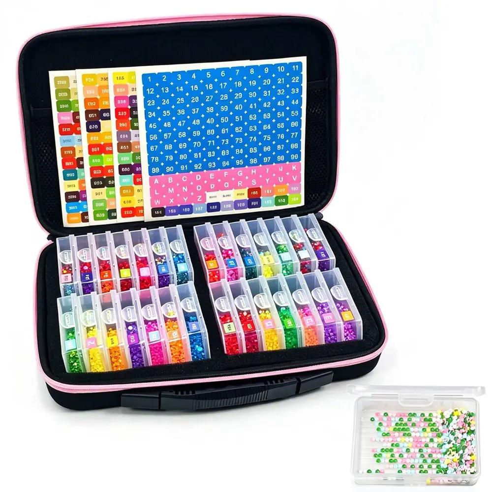 28-Grid Diamond Painting Storage Box, Multi-Color Zipper Pouch, Transparent Box for Round and Square Diamonds, Includes Stickers, Easy Organization