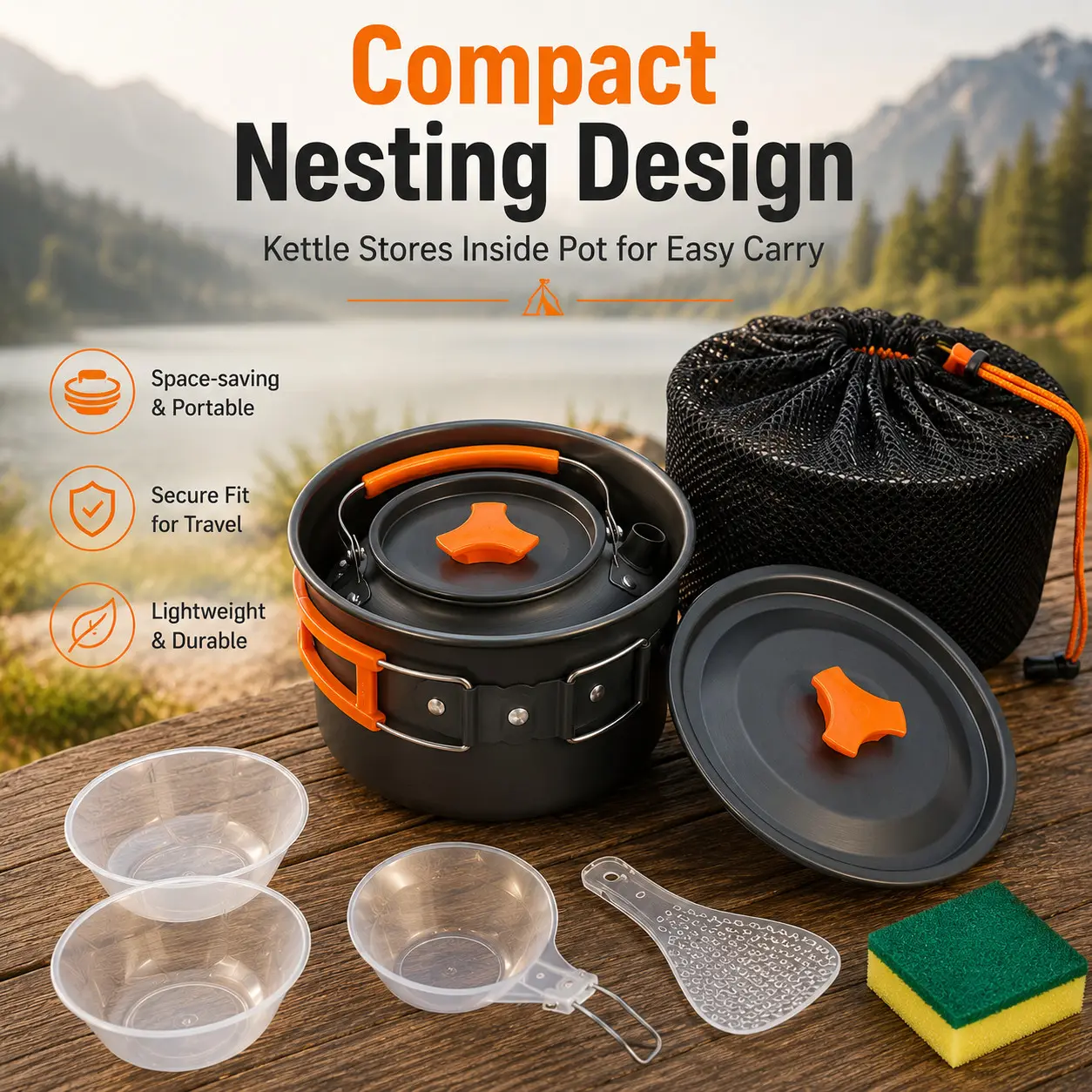 High-End Outdoor Camping Cookware Set, Outdoor Cooking System, Portable Pot Water Bottle Utensil Combo, Foldable Handle Lightweight Storage Cooking Gear