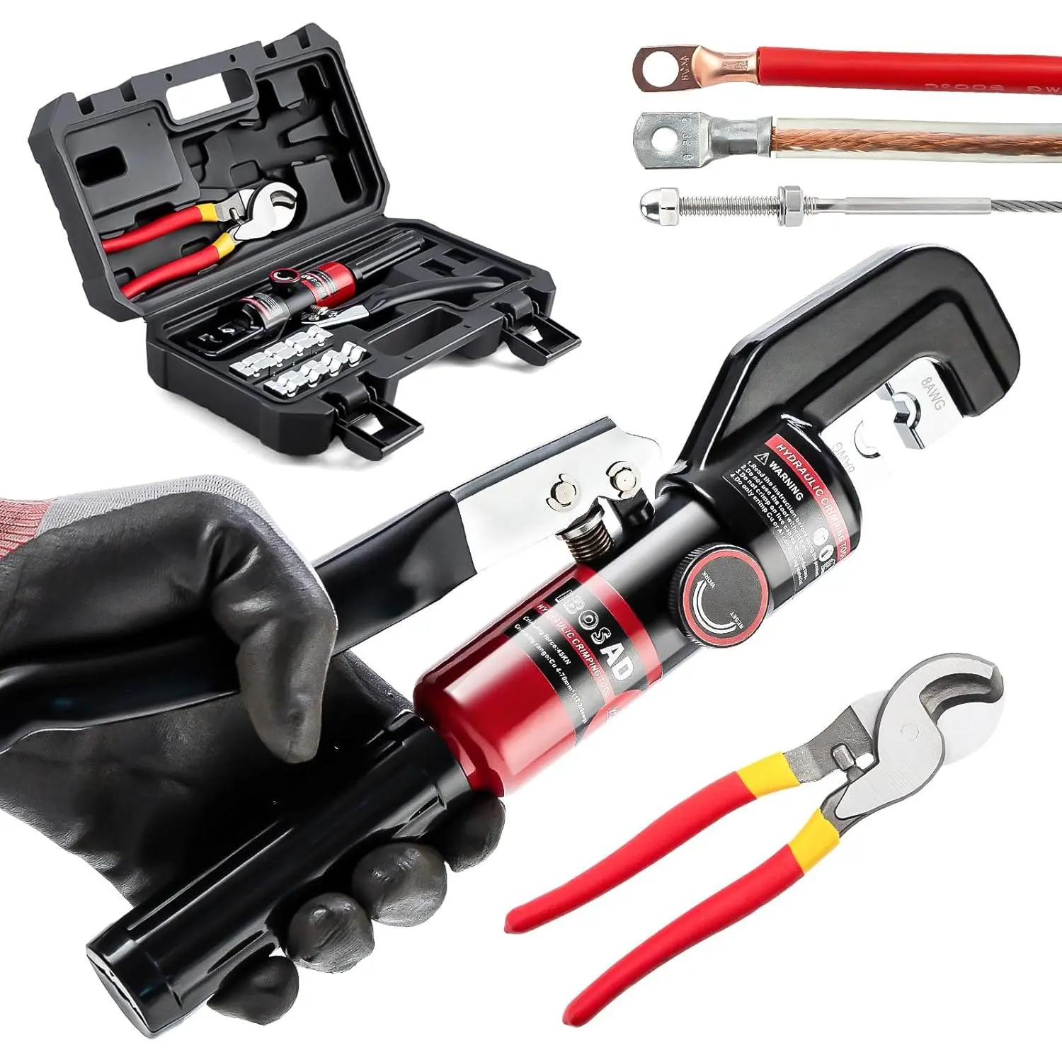 Hydraulic Crimping Tool and Cable Hydraulic Cable Lug Crimper 8 US TON 12 AWG to 00 (2/0) Cable Wire Tool Kit with 9 Die