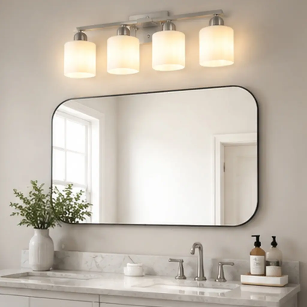 Brushed Nickel Bathroom Vanity Wall Sconce - ARCH Modern 4-Light Iron Fixture with Milky White Glass Shades, 4 Sockets (E26), Up/Down Mount, 4.00 lb, 6.70 w x 24.80 d x 9.40 h in, for Bathroom Mirrors, Bedroom, No Bulbs Included