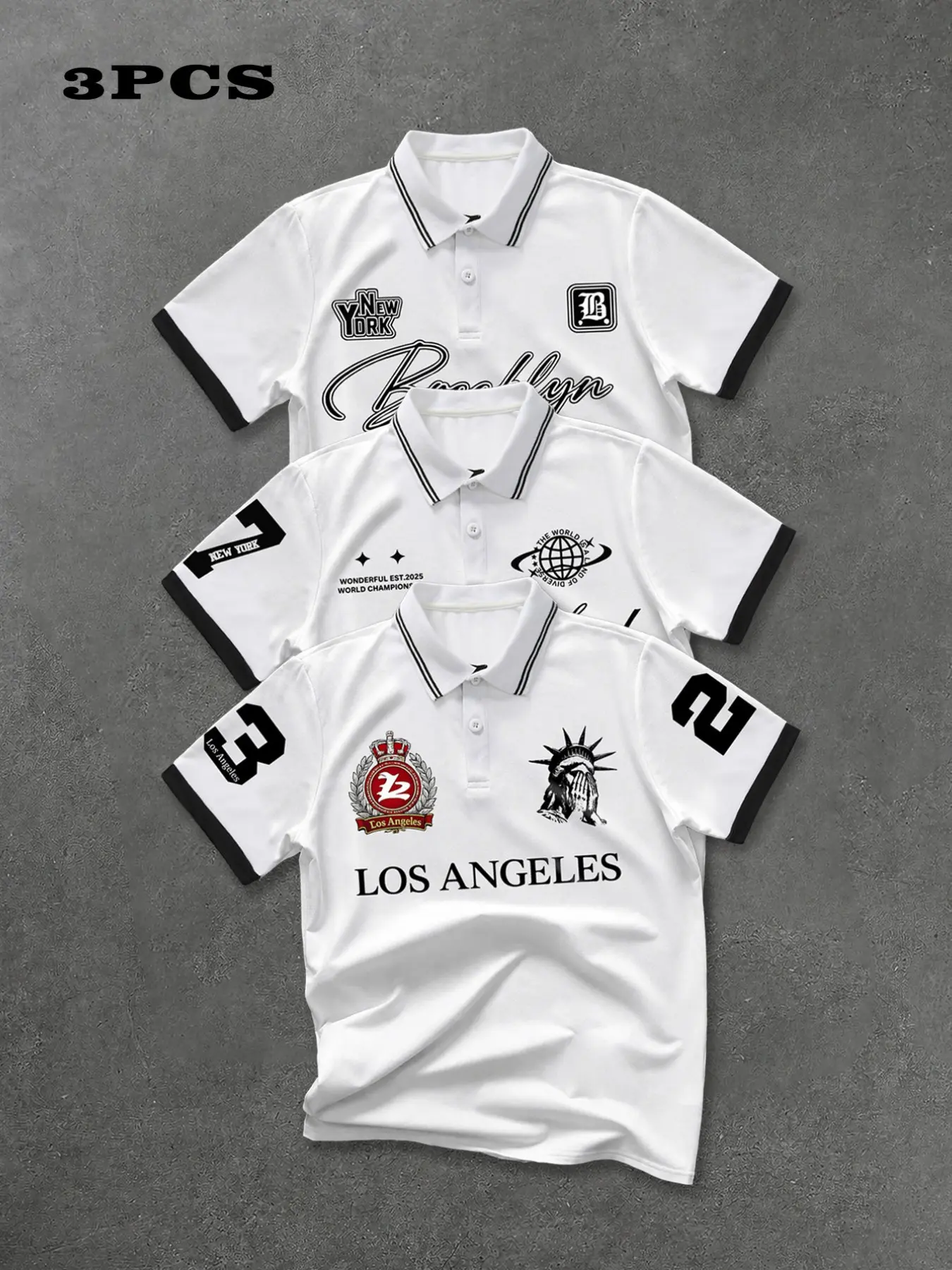 3-Pack Unisex Polo Shirts, Streetwear Collared, New York Brooklyn La City Print, Casual Slim-Fit Sporty Golf Tops, Fashionable Summer Daily Wear, Athletic Polo