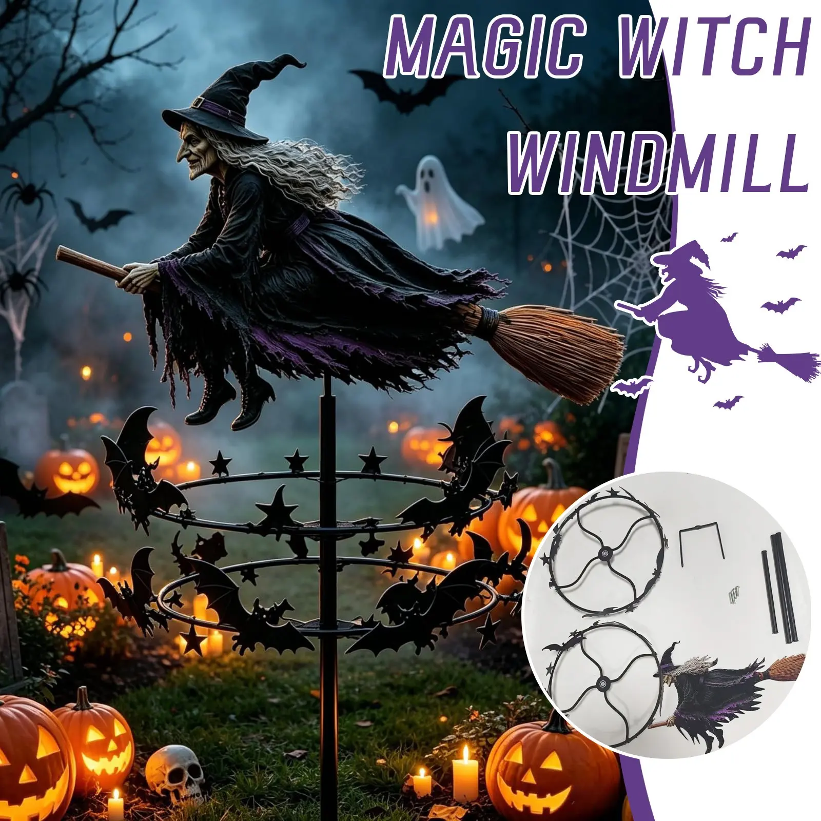 Halloween Witch Garden Windmill, Halloween Outdoor Decor with Witch and Bat Patterns, Spooky Halloween Yard Windmill, Fun Halloween Decoration, Magic Witch Windmill