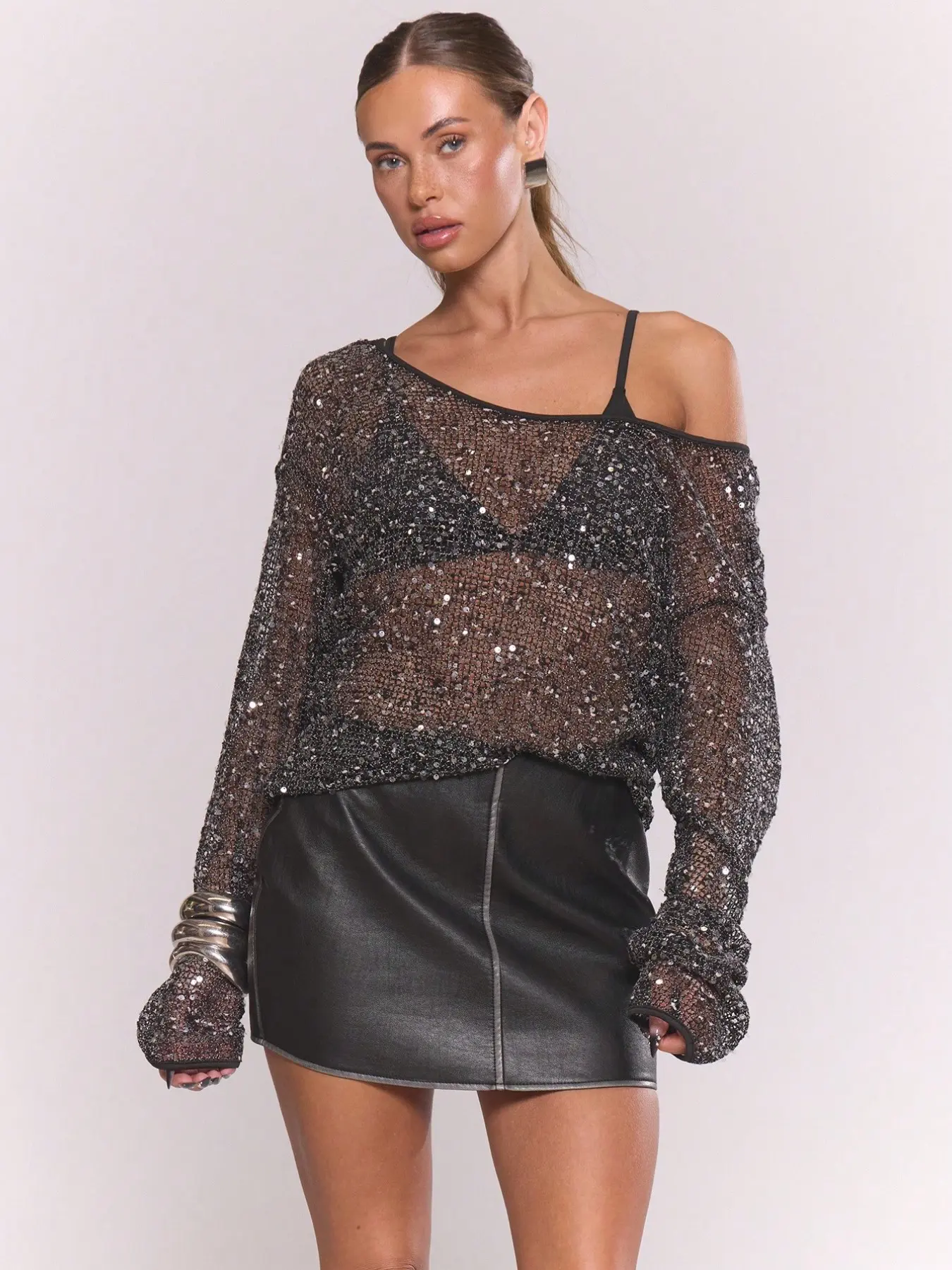 Women's Chic All-Over Sparkle Sheer Hollow Out Long Sleeve Top, Versatile Low-Neckline Loose Fit Glitter Casual Cover-Up #TikTokMadeMeBuyIt #SummerTop#StreetStyle