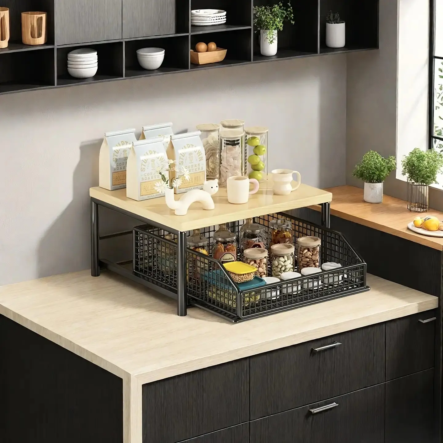 1Pcs Countertop Microwave Shelf with Drawers - Perfect for Coffee Makers, Tea Bags and Cutlery - Space Saving Multifunctional Storage Shelf - Coffee Pod Drawers, Food Storage, Perfect for 4 Seasons Gifts and Christmas Gifts