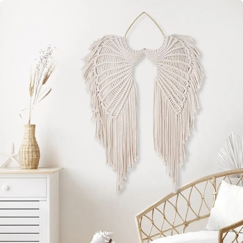 Boho Style Angel Wings Wall Hanging Decor, Classic European Braided Rope Angel Wing Tassel Home Ornament, Reusable Wall Art for Living Room & Bedroom, Decorations for Halloween and Christmas