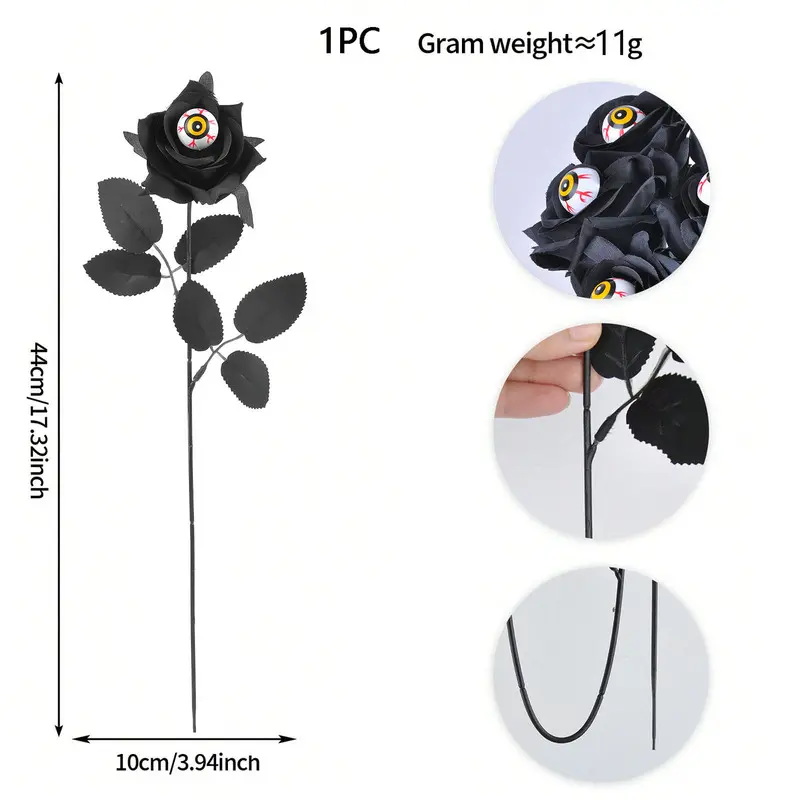 Horror Halloween party table central decoration, 5 artificial black roses for home decoration, long stem fake flower devil's eye, skeleton hand, black spider rose