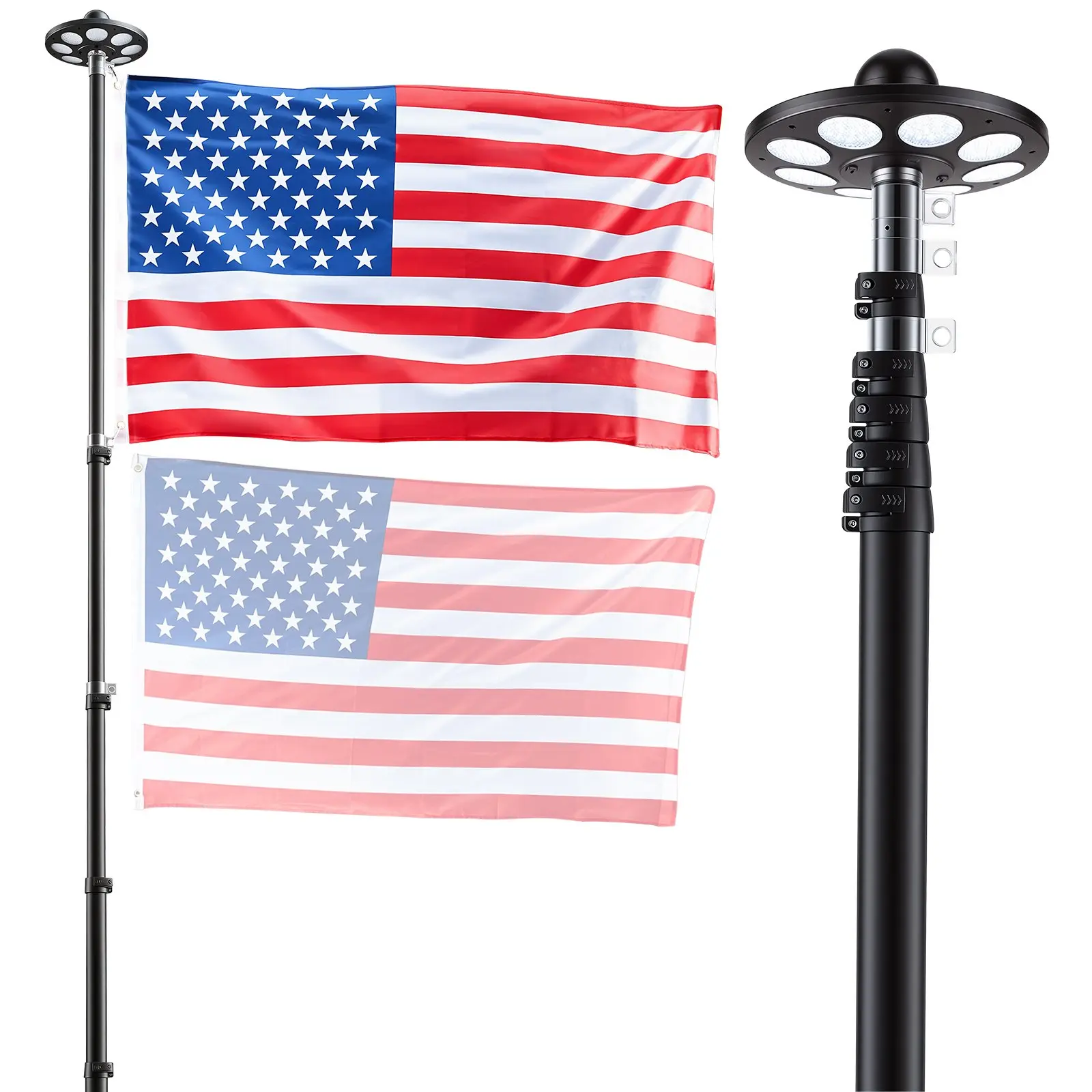VEVOR Flag Pole, 20ft Heavy Duty Telescopic Flagpole Kit with 136 LED Solar Light for Outside House In Ground, Outdoor Aluminum Flagpole with 3x5 American Flag for Yard, Residential, Commercial, Black