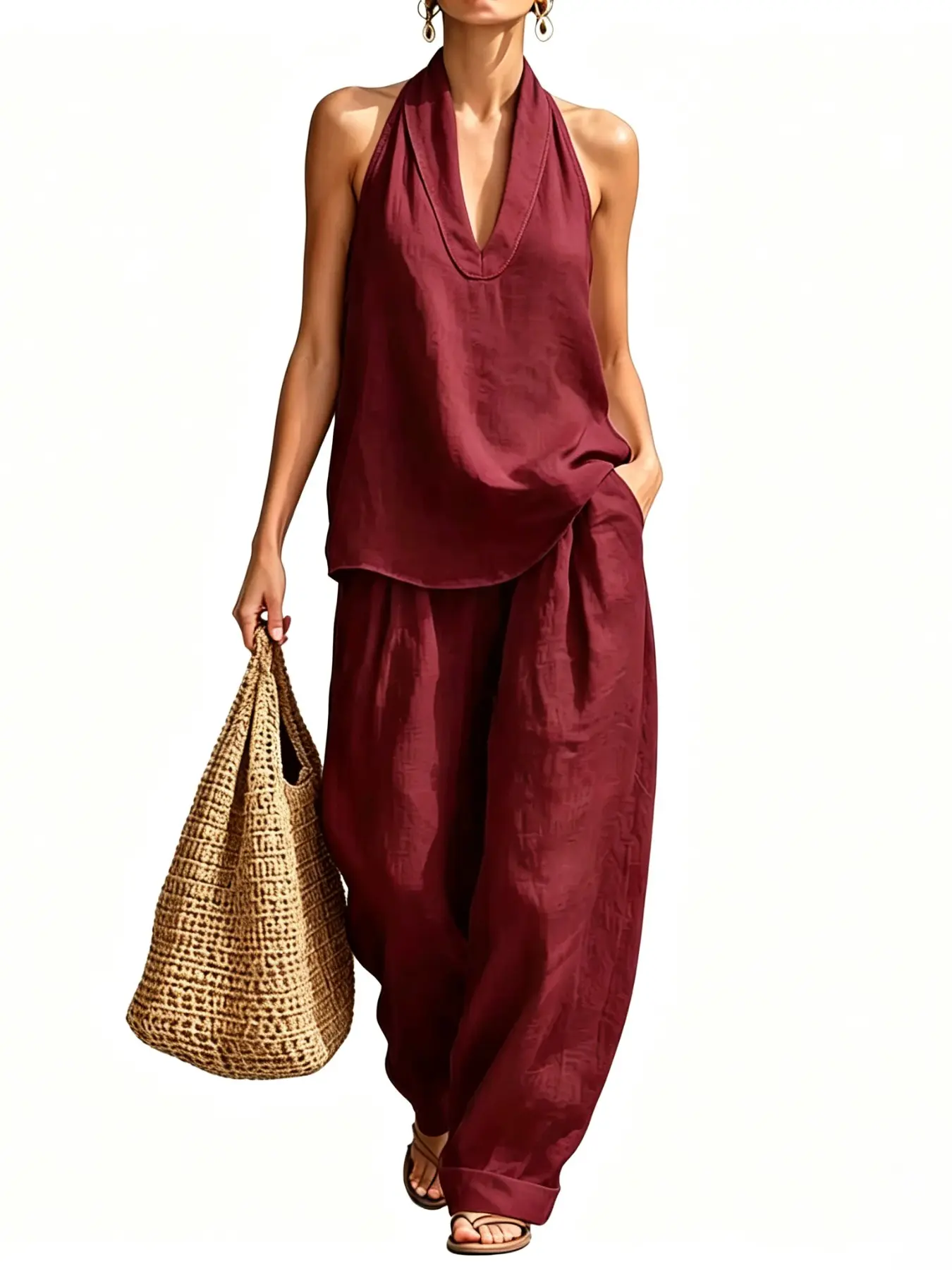 F7475 Ladies Clean Luxury Beach Matching Outfit, Sleeveless Halter V-Neck Shirt & Lightweight Billowy Loose Wide Leg Pants with Pockets, All-Round Summer Holiday & Everyday Casual Attire.