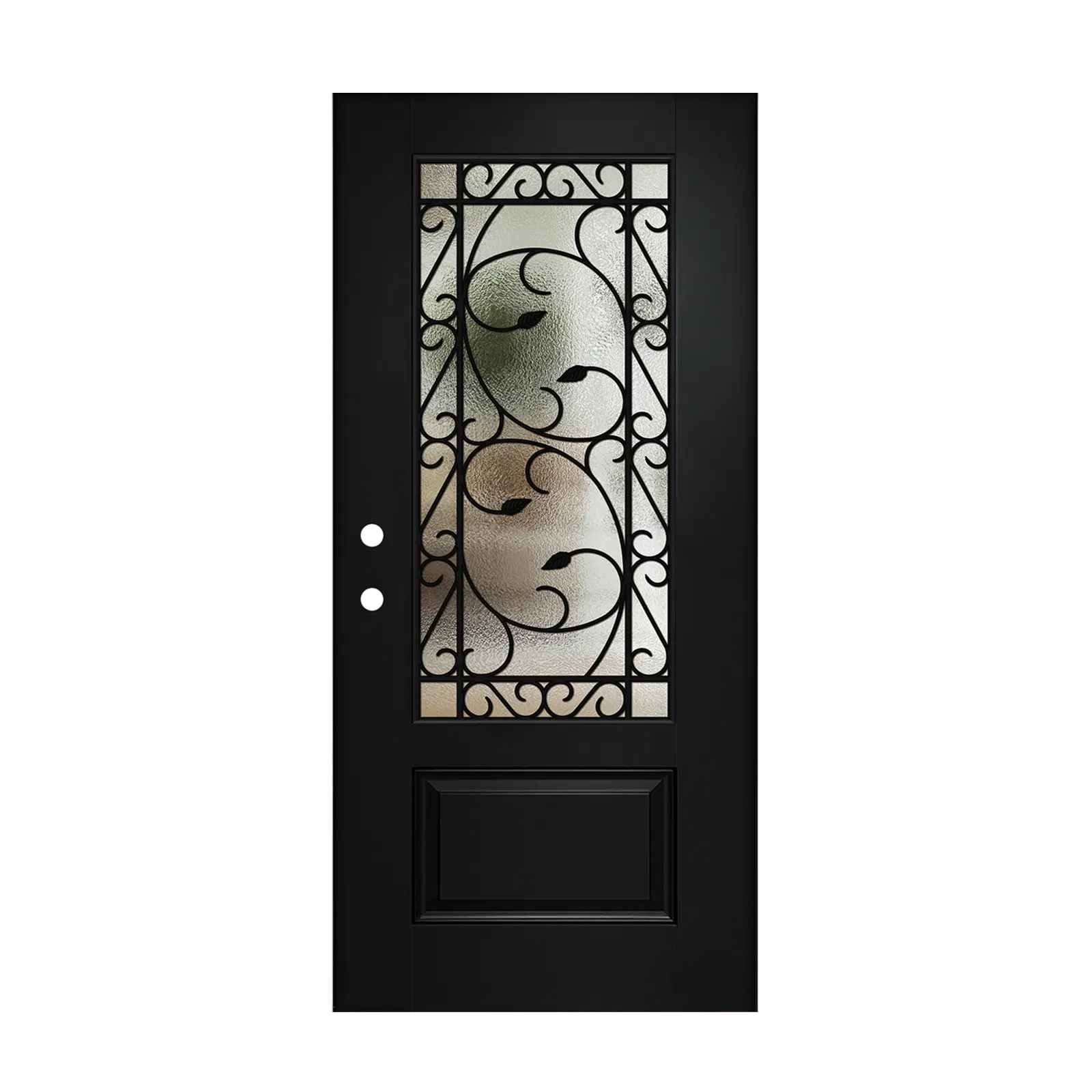Nokaa 36x80 Textured Fiberglass Entry Door Slab, 3/4 Lite Wrought Iron Low-E Glass, Right Hand Inswing, Black, Polyurethane Foam Core, Modern American Design for Garden & Outdoor