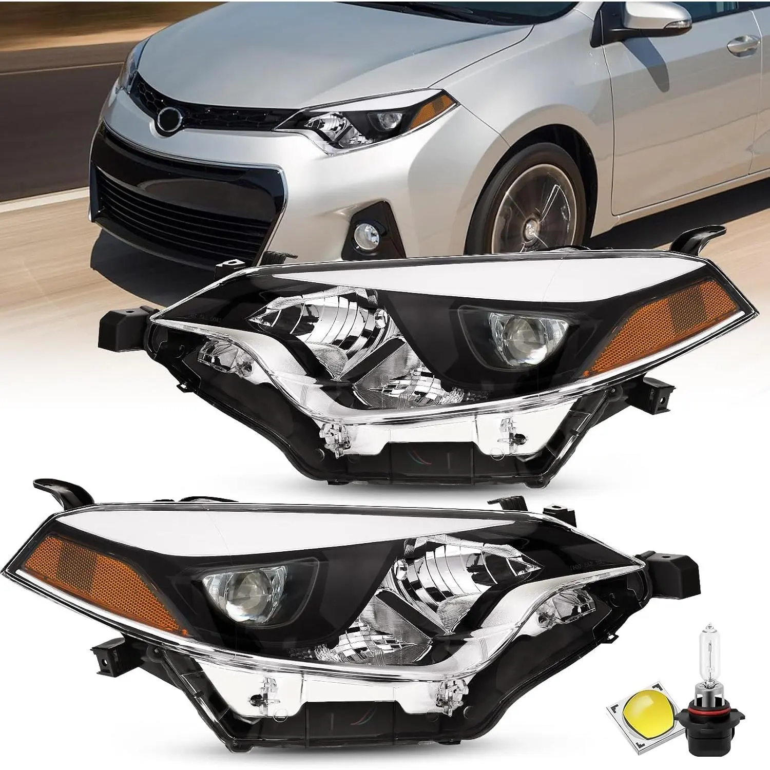 Headlights Compatible with 2014-2016 Toyota Corolla Base/CE/C/LE Eco/LE/L/S Plus/S/Sedan 4-Door LED Headlamps w/Bulbs(Driver and Passenger Side)