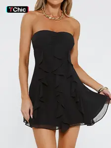 Strapless Solid Formal Feminine Party Dress Women Sexy Occasion Wear Daily Outfit Flare Mini Dress