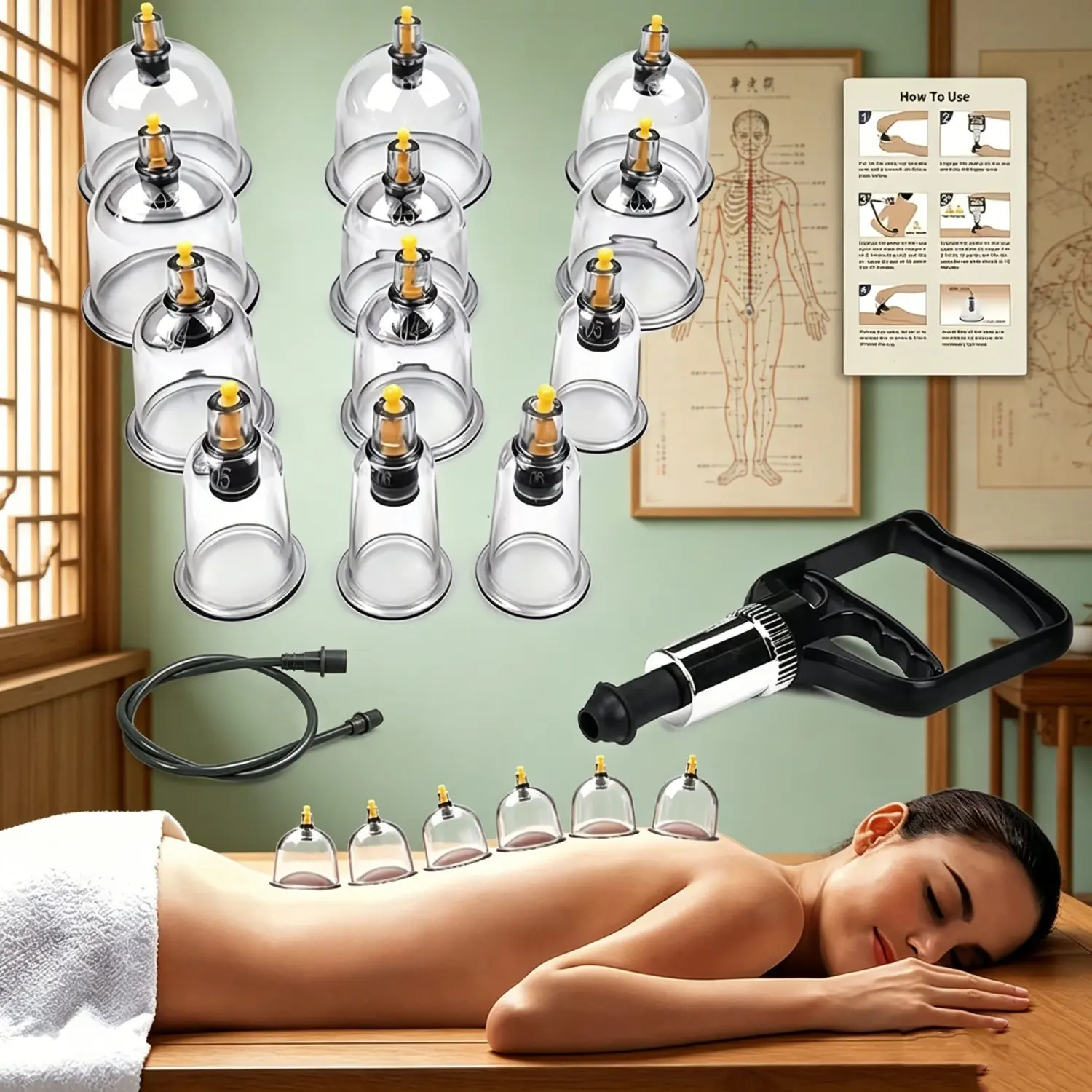 Professional Cupping Therapy Complete Kit, 12/24 Cups Vacuum Massage Set With Electric-Manual Vacuum Pump, Extension Tube, Magnetic Dots, Muscle Therapy, Round, Abs Plastic