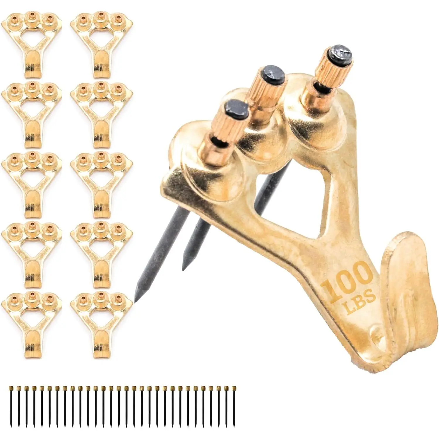 PHS 100 lb Hanging Hooks - Heavy Duty Synthetic Installation Hardware, 10 Pack Frame Hooks with Nails, Wall Mounting Kit for Drywall, Framed Art, Gallery Display