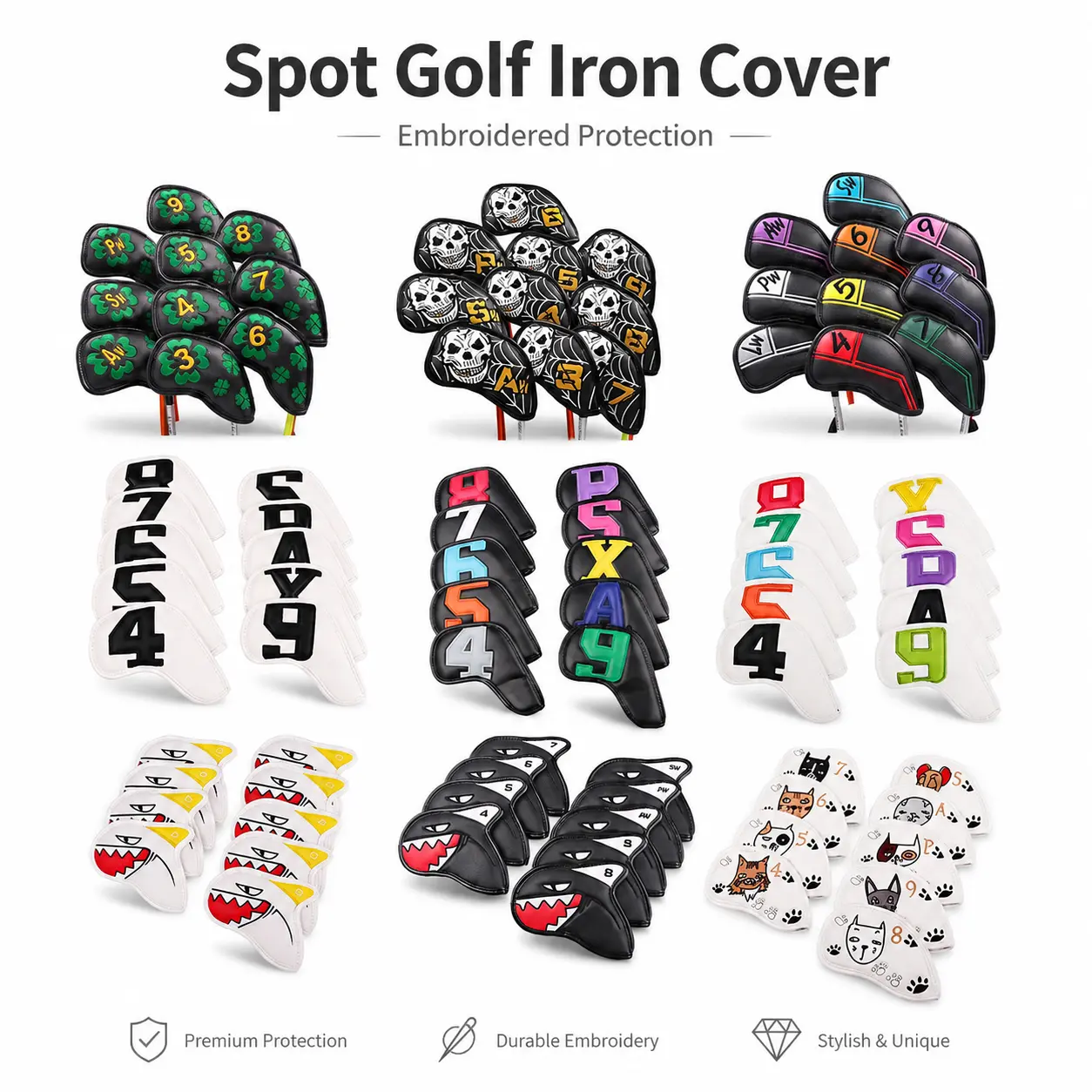 Premium Golf Iron Headcover Set – Durable Neoprene & Polyester Fabric with Precision Embroidered Design, Full-Size Club Protection for 3–9 Irons, Weather-Resistant and Scratch-Proof Fit