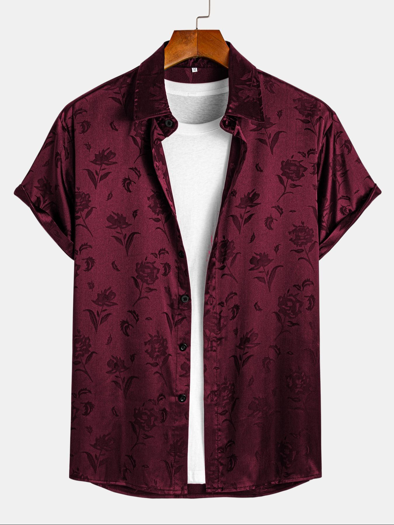 Men's Rose Print Jacquard Shirt, Regular Fit Short Sleeve Collared Top for Summer, Fashion Men's Clothes for Daily Wear, Casual Stylish Menswear