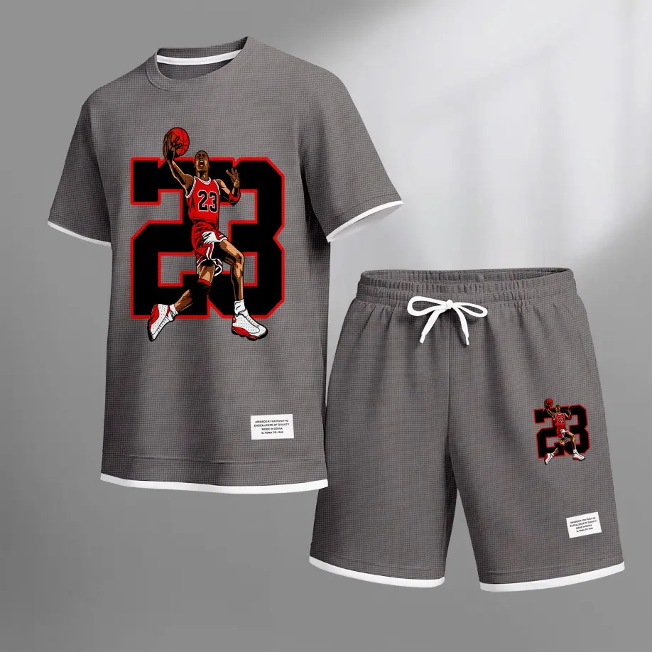 Men's No. 23 Basketball Player Print Waffle Fabric Short-Sleeved Shirt And Shorts Set
