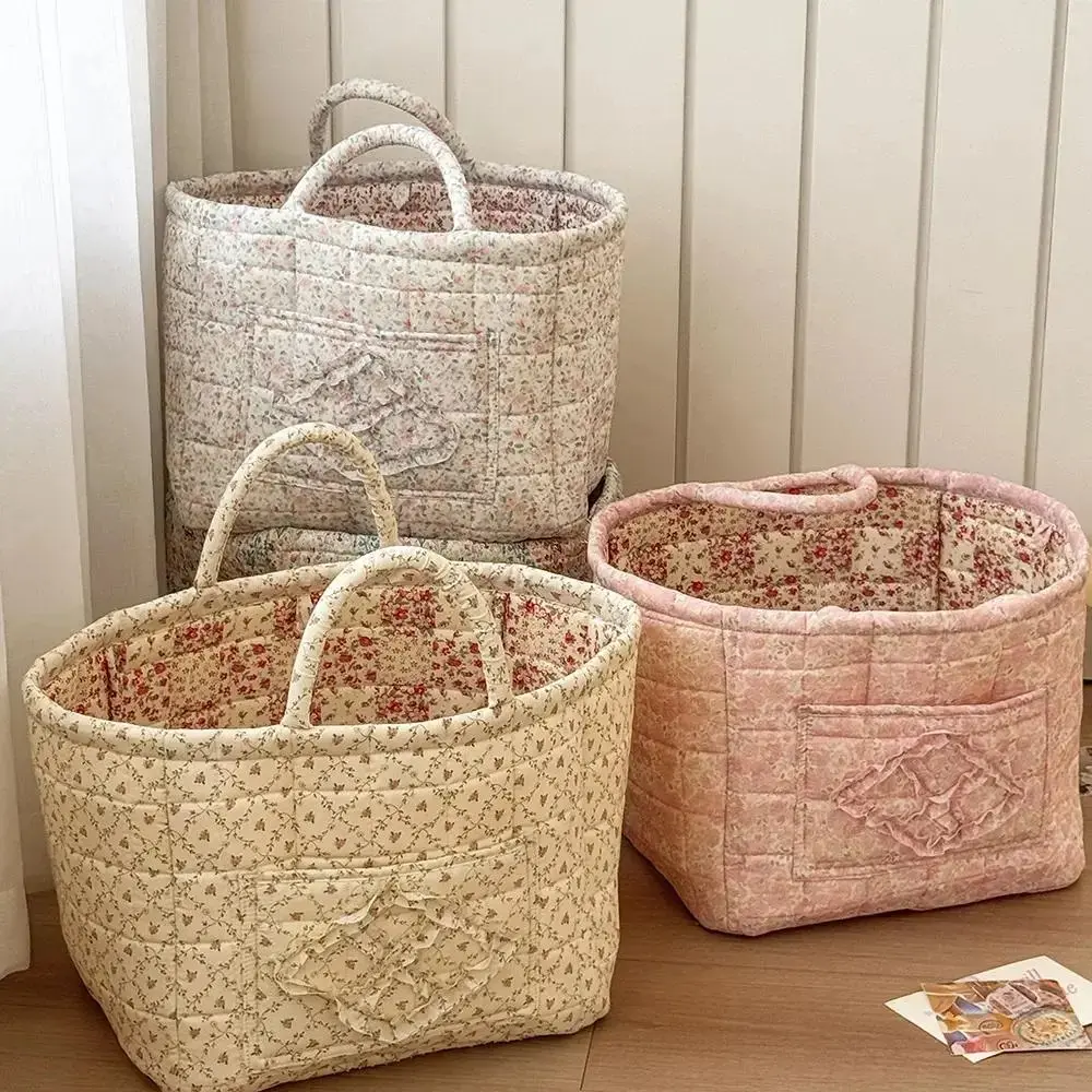 Vintage Floral Cotton Storage Basket, Collapsible Decorative Organizer with Handles for Home & Car Use, 32x26x25cm, Collapsible Everyday Baskets, Floral Pattern Basket
