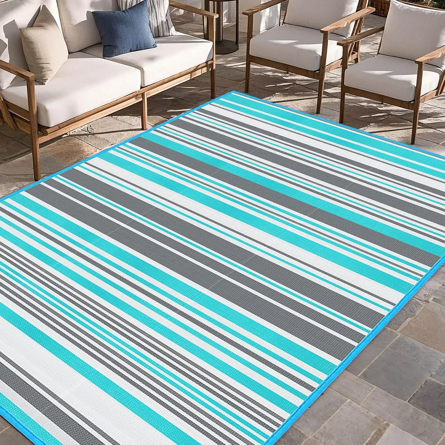 Rug Waterproof - Rugs for Outside, Rv, Porch Deck Rug Clearance, Area Carpet for Outside, Balcony, Decor, Blue & Grey, 4x6 ft