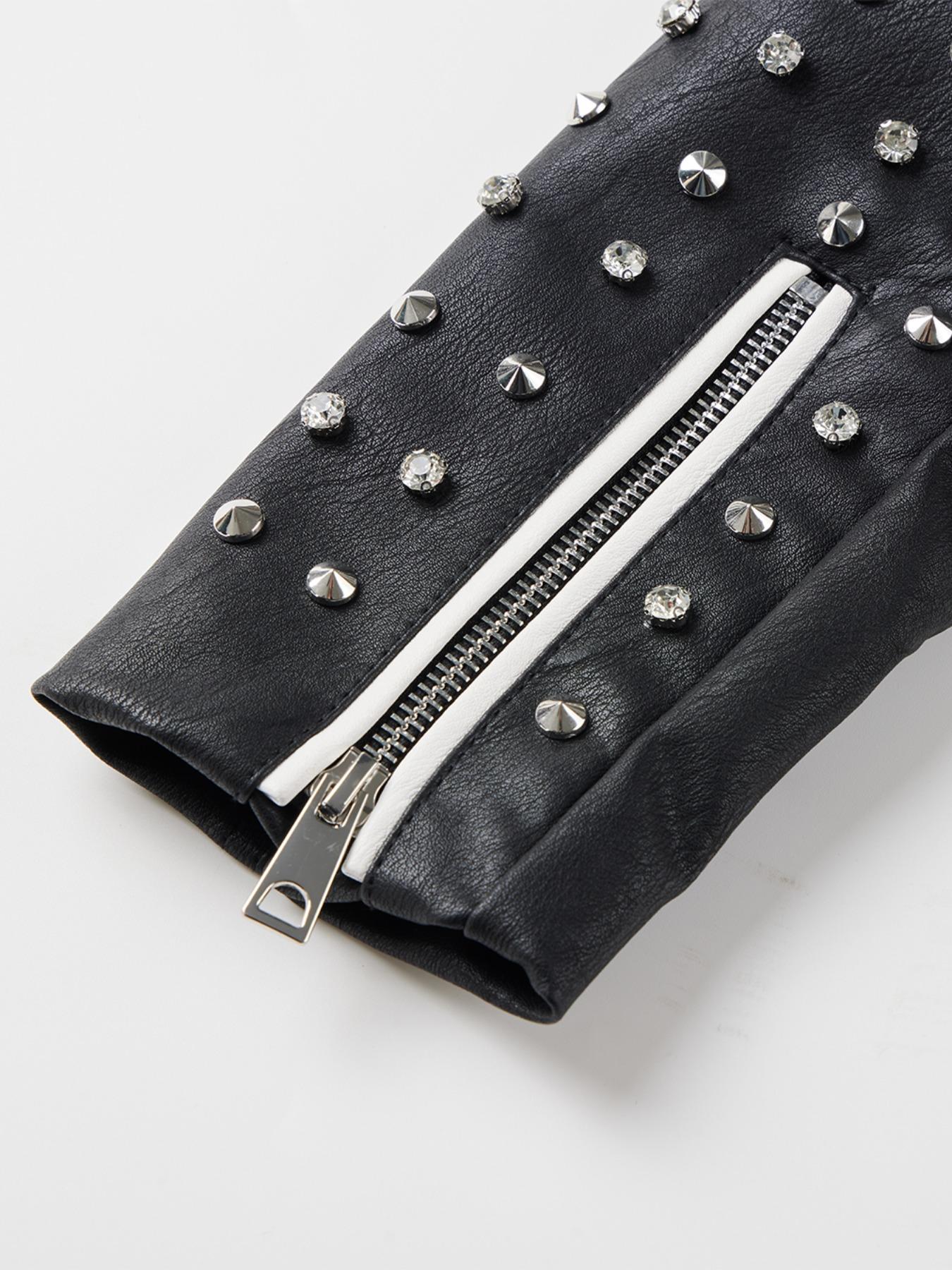 Women's Spring Autumn Jacket with Belt, Casual Vintage Simple Motorcycle Jacket, Rivet Coat with Pockets and Asymmetrical Zipper, Zip Front Jacket