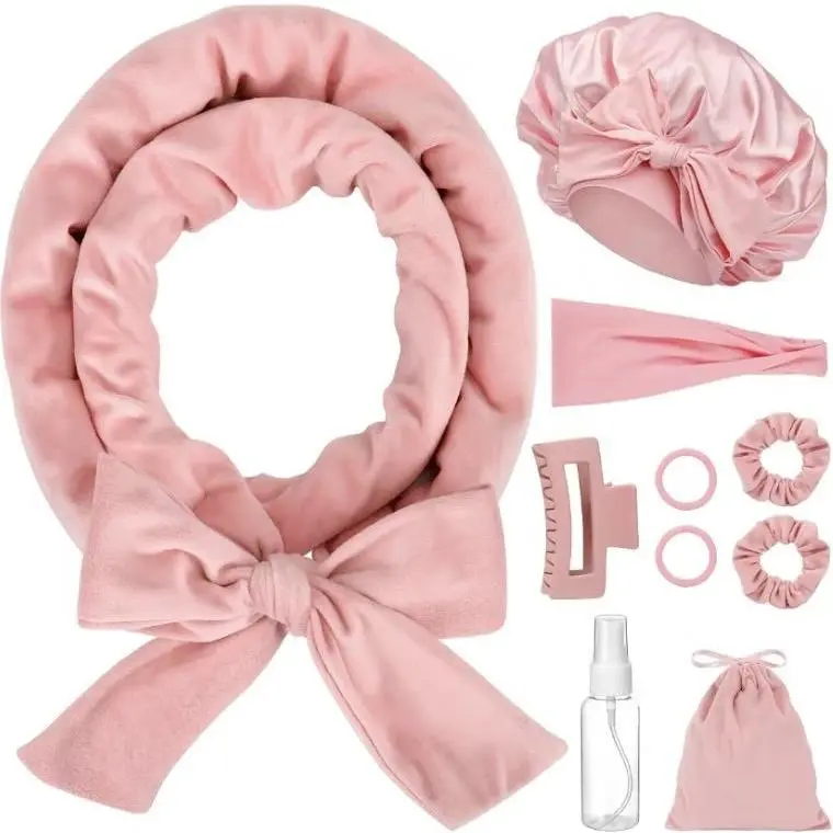 Heatless Hair Curler With Satin Bonnet Sleeping Cap Set, Overnight Curl Kit To Sleep In,  Heatless Curls Headband No Heat Curls Rod and Satin Night Sleep Hair Cap Styling Tools For Women Curly