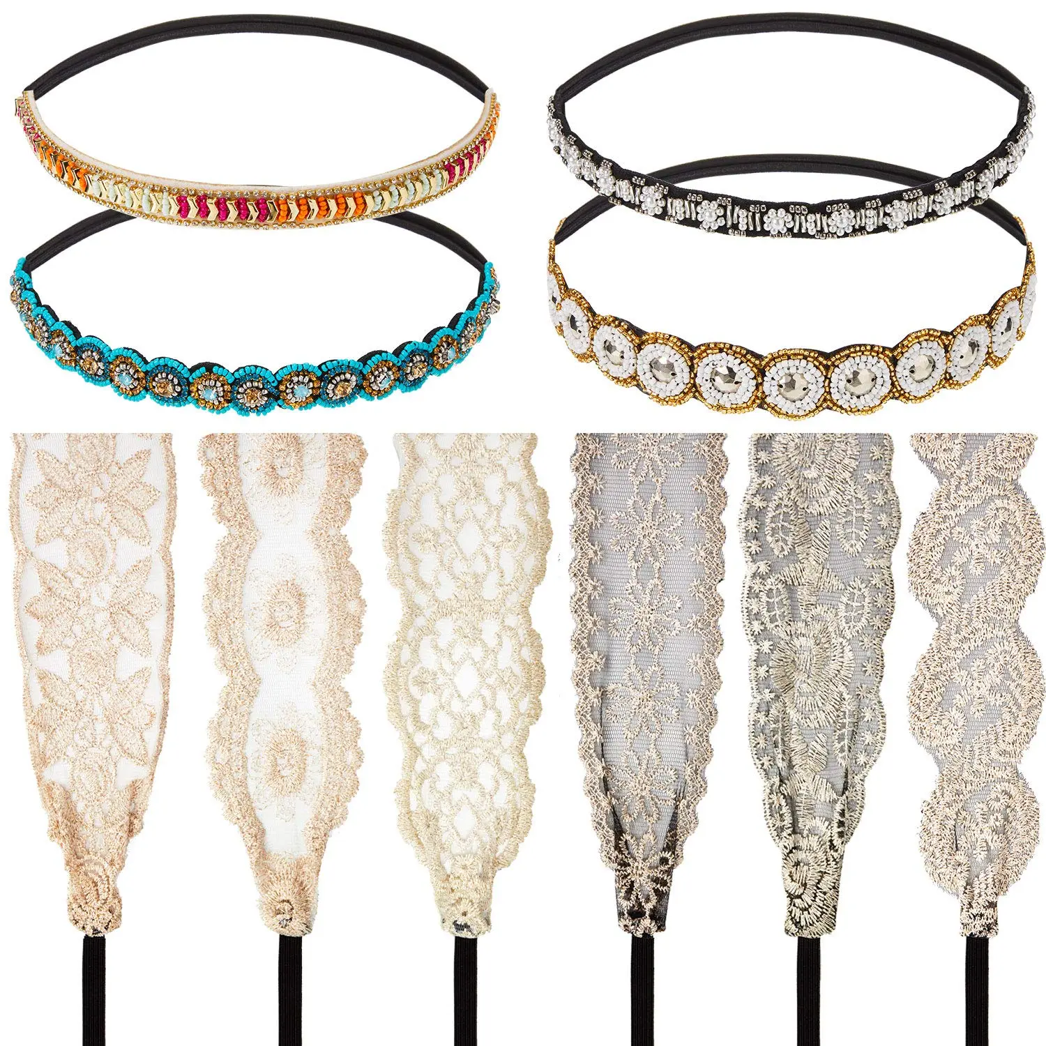 Women's 10-Count Modern Beaded & Lace Rhinestone Headbands, Elastic Stretch Lightweight Band, Elegant Wide Headwraps for Female Wear Hair Accessories, Synthetic Fabric, Party & Date