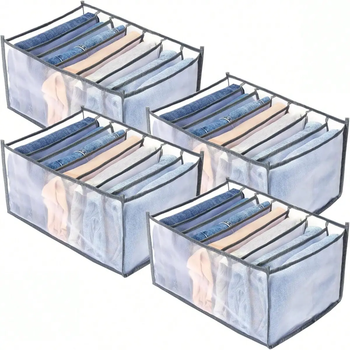 Transparent Mesh Drawer Organizer, Foldable Clothing Storage Box, 7-Compartment Closet Divider, Washable, Ideal for Wardrobe, Bedroom, Dorm