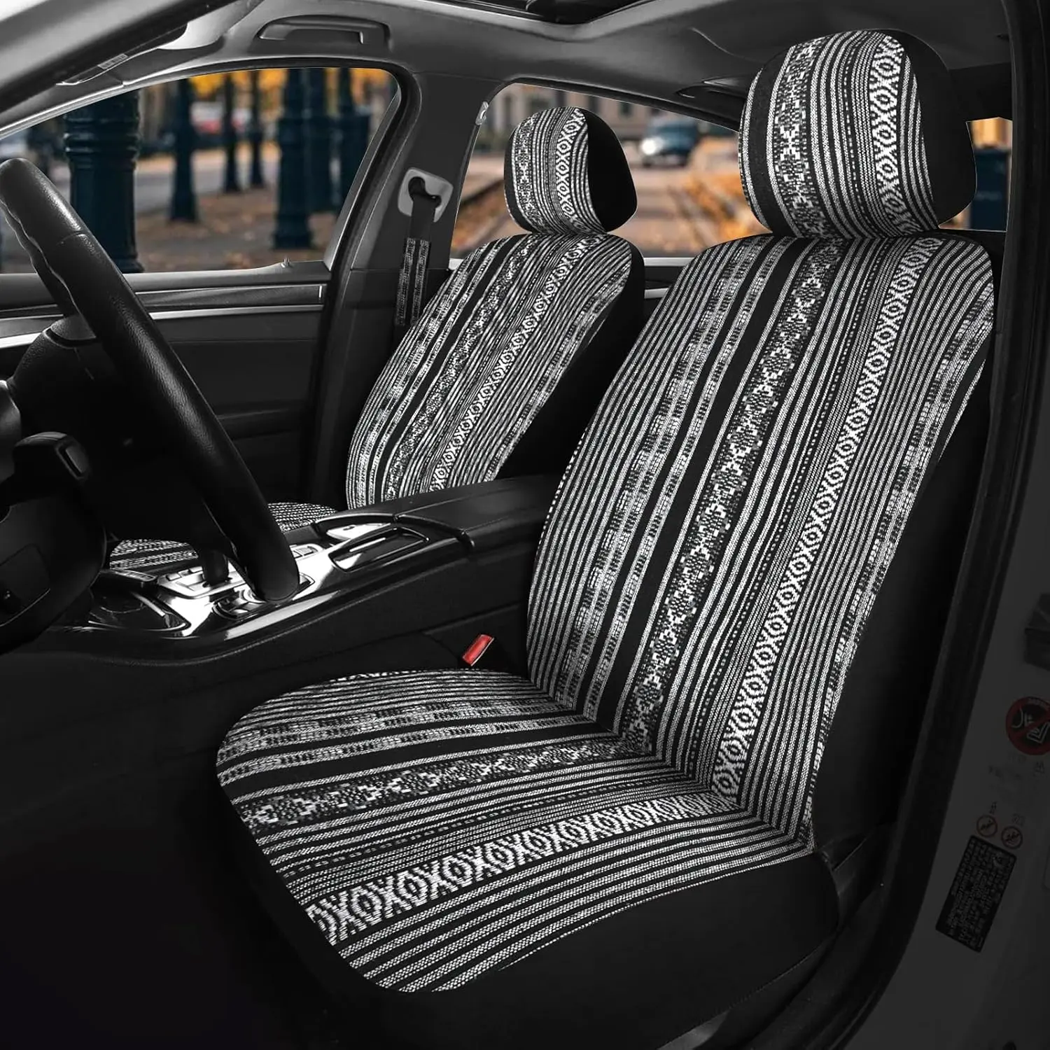 Nilight 2PCS Front Car Seat Covers, Black Stripes Baja Saddle Blanket with Shoulder Pads, Woven Fabric, Airbag Safe, Breathable Mesh, Washable, Universal for Cars/SUV/Truck