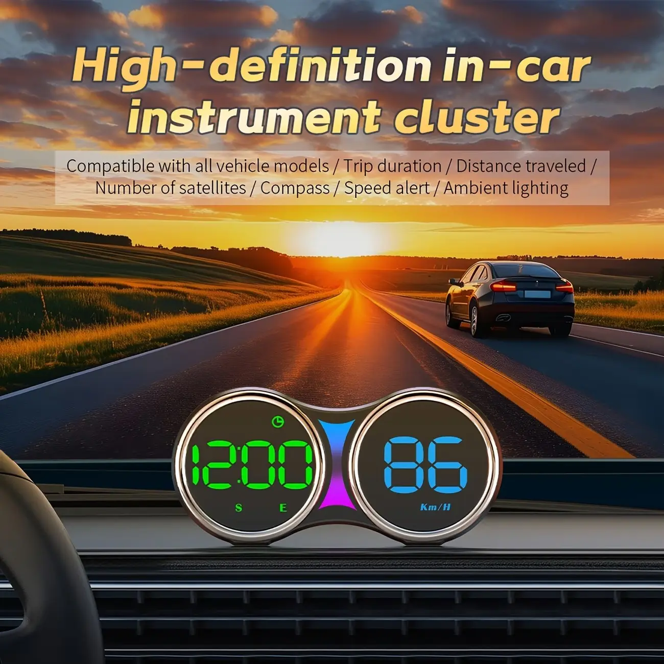 GPS HUD Head Up Display Car Speedometer, Smart Digital Speed Gauge KMH/MPH Switch Windshield Projector Real-Time Speed, Driving Direction, Time, Trip Distance, Overspeed Alarm, Multi-Color Display, Plug And Play Type-C USB Universal Car Additions