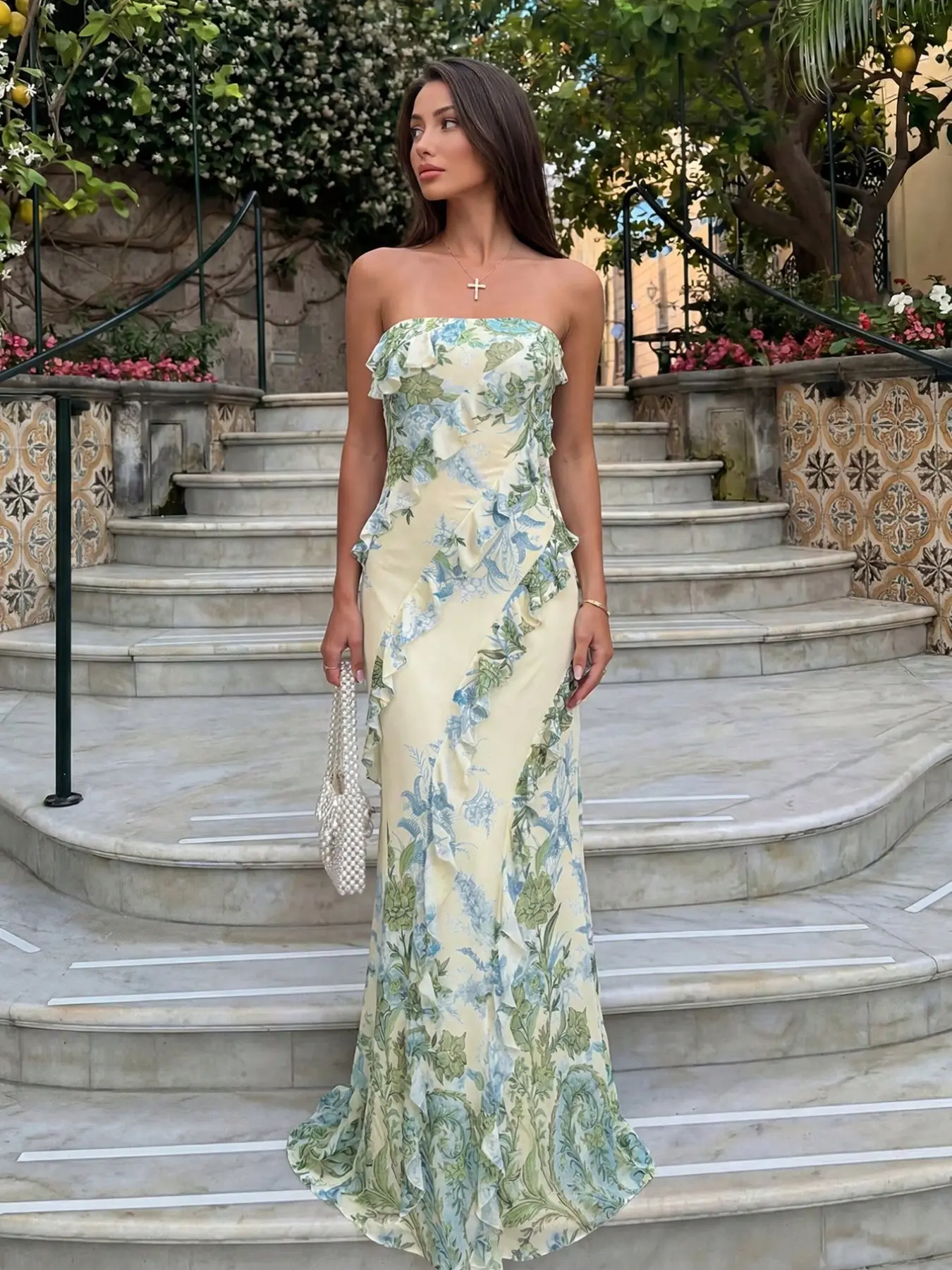 Women Strapless Floral Print Maxi Mermaid Dress, Vertical Ruffle Trim Bodycon Long Dress, Summer Beach Vacation Elegant Chic Wedding Guest Formal Dresses, Wedding Guest Gown, Garden Party Wedding Guest Dress
