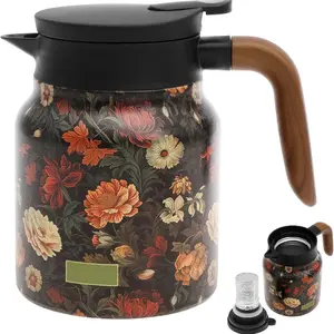 An elegant double-wall insulated tea kettle, a 33.81-ounce large-capacity stainless steel infusion pot, a summer cooling accessory, a fruit and coffee steeping pot, with a floral design, equipped with a tea filter, suitable for home and office use