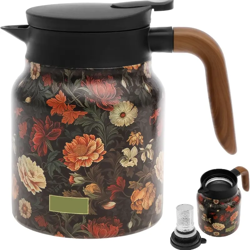 Retro Floral-Butterfly Insulated Stainless Steel Tea Pot - Double-Wall Vacuum Lock, 33.8oz Large Capacity, Detachable Fine Mesh Tea Infuser for Home Brewing, Fruit/Coffee Infusion, Tea Filter