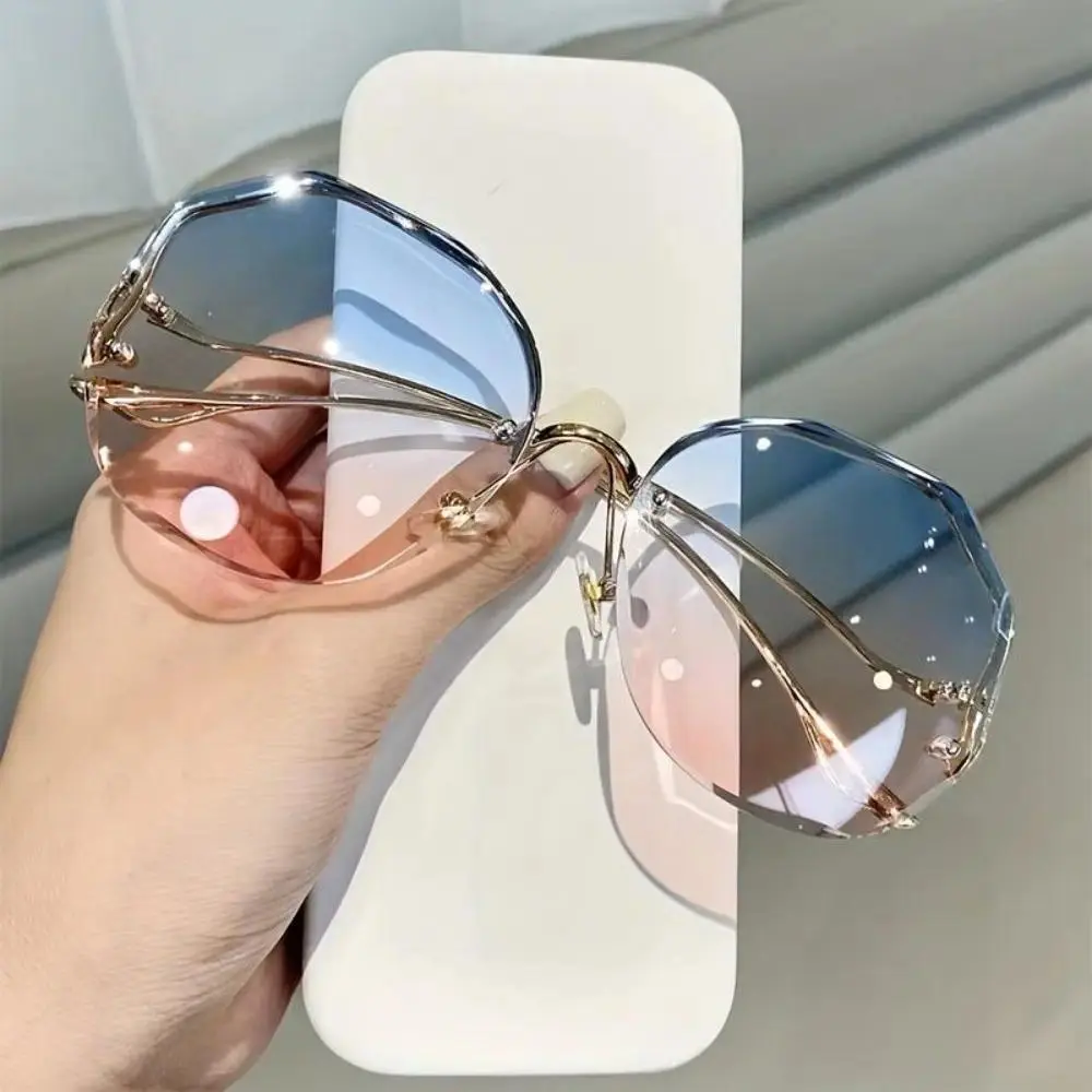 XUH Women's Trendy Semi-Rimless Oversized Aviator Shape UV Protection Sunglasses - Gradient Tint, Blue Light Blocking, Yellow Night Lens, Lightweight Sturdy Polyamide Temples, Case Included (Ideal for Daily Wear, Driving)