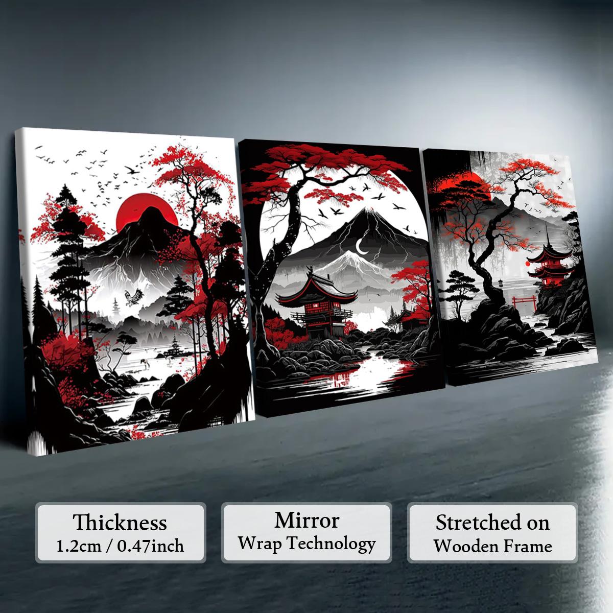 Wooden Framed Canvas Painting, 1-3 Counts/set Water Proof Japanese Style Scenery Canvas Poster, Modern Art Wall Decoration, Home Wall Decor