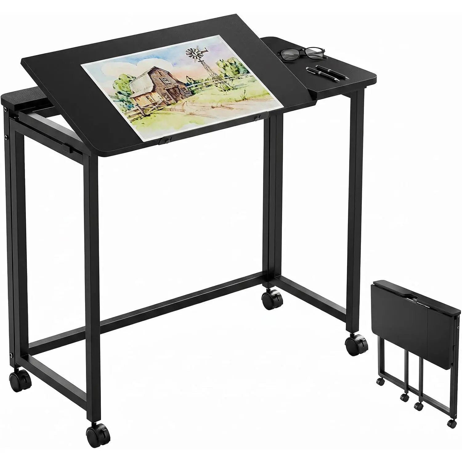 Black Portable Folding Computer Desk with Foldable Frame, Wheels, 31.5in Adjustable Tilt - Drafting Table Workstation for Small Spaces, Home Office, Computer Desks, Compact