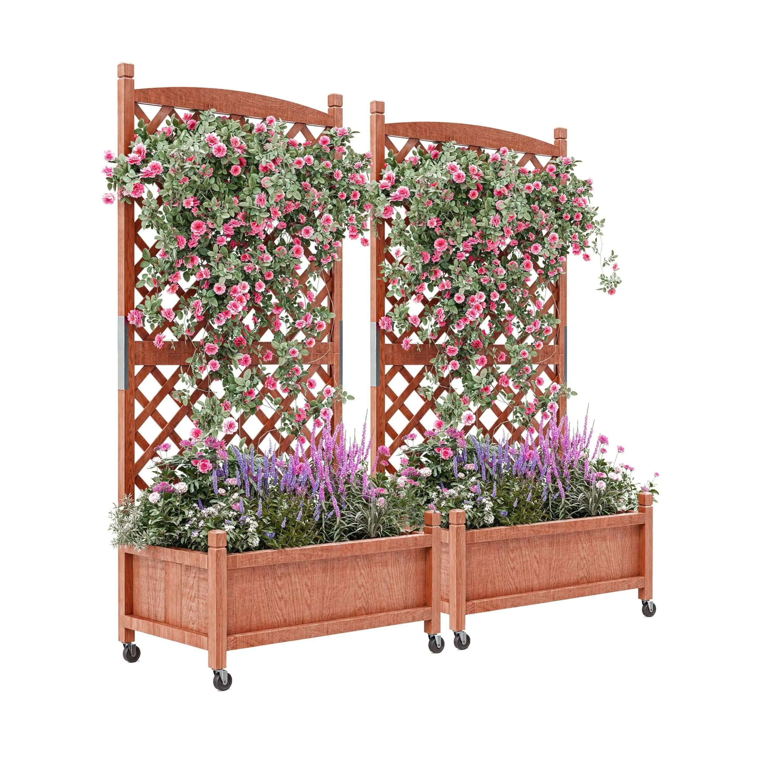 Wooden Elevated Garden Bed on Wheels with Trellis, Freestanding Planter Box with Drainage for Indoor & Outdoor Gardening