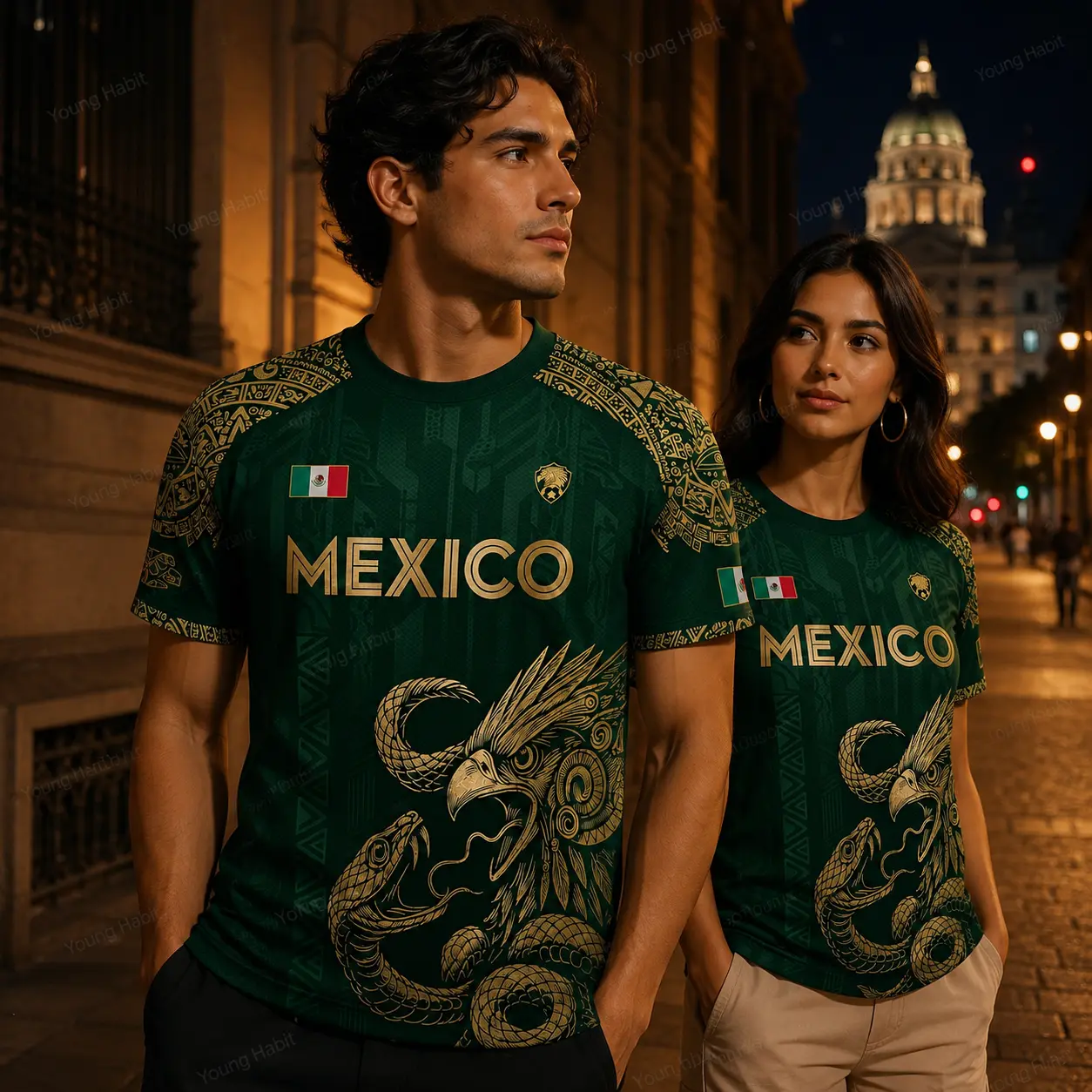 Unisex Mexico Graphic Sports Tee - Green Gold Heritage Look, Aztec Eagle Serpent Graphics, Gold Detail Shine, Mexico Flag Crew Neck, Short Sleeve, Cinco de Mayo Outfit, Soccer Fan Streetwear, Standard Sizes, Summer Casual Travel Gift