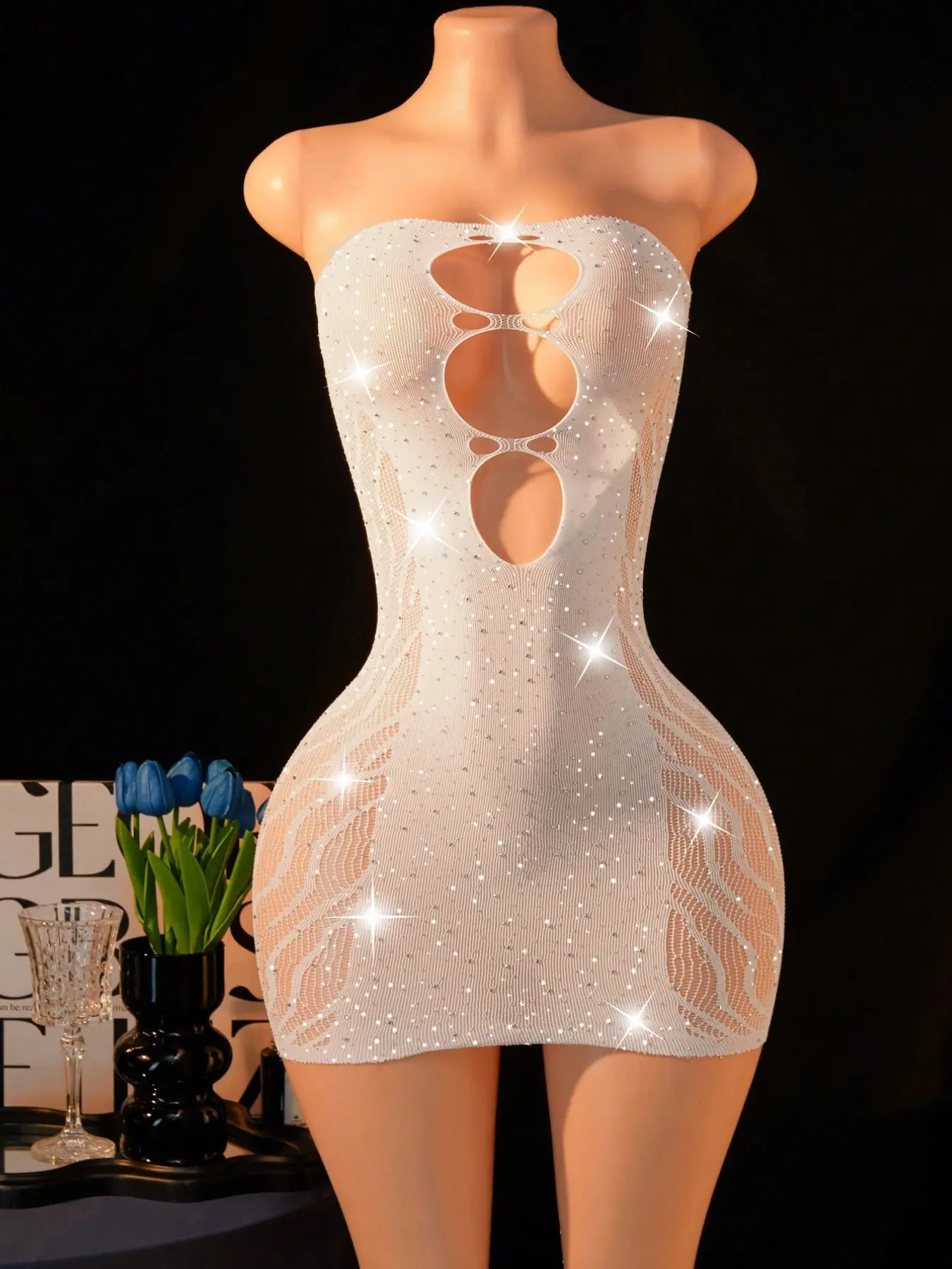 ✨1-Piece Women's Sexy Rhinestone Lingerie-Style Dress — Sheer Mesh Bodycon Party Gown featuring a Front Cutout and Backless Design; the Ultimate Choice for Nightclub Wear Chic Sheer Gown (One Size Fits Weights 40kg–80kg)✨