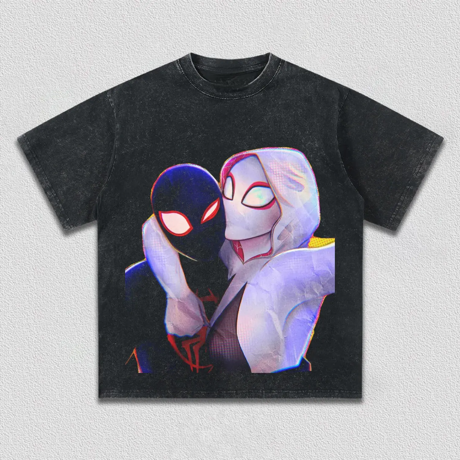 Vintage Acid Black Washed Oversized Short Sleeve T-Shirt Retro Glitch Color Shift Miles And Gwen Couple Portrait Graphic Print Unisex Animated Spider Hero Movie Fan Hip Hop Casual Streetwear Tee For Men Women Youth