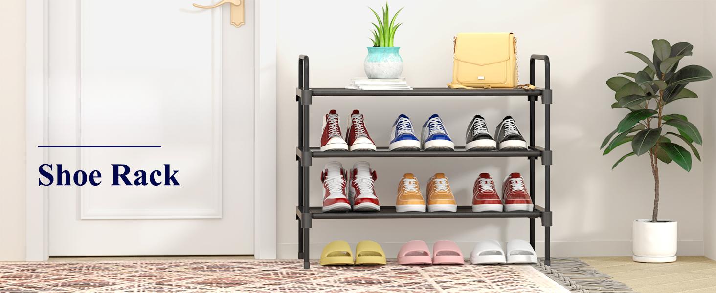 Shoe Rack for Closet, Sturdy Shoe Shelf for Entryway, Space-Saving Shoes Organizer and Storage, 27.6" x 11.8" x 22.6", Black
