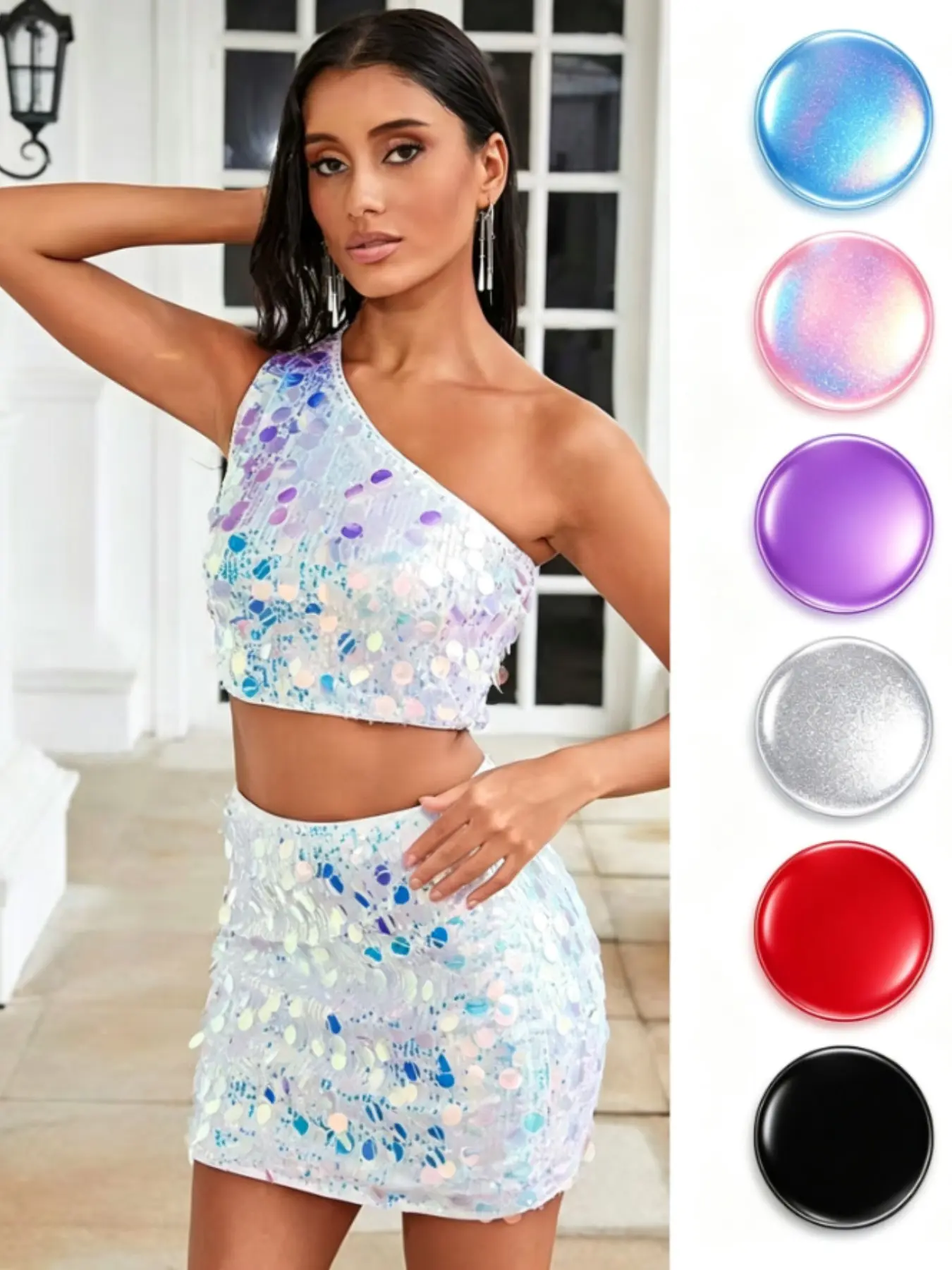 Sparkly Oversized Sequin One Shoulder Short Crop Top & Bodycon Mini Skirt Set for Women, Y2K Party Cocktail Night Out Outfit