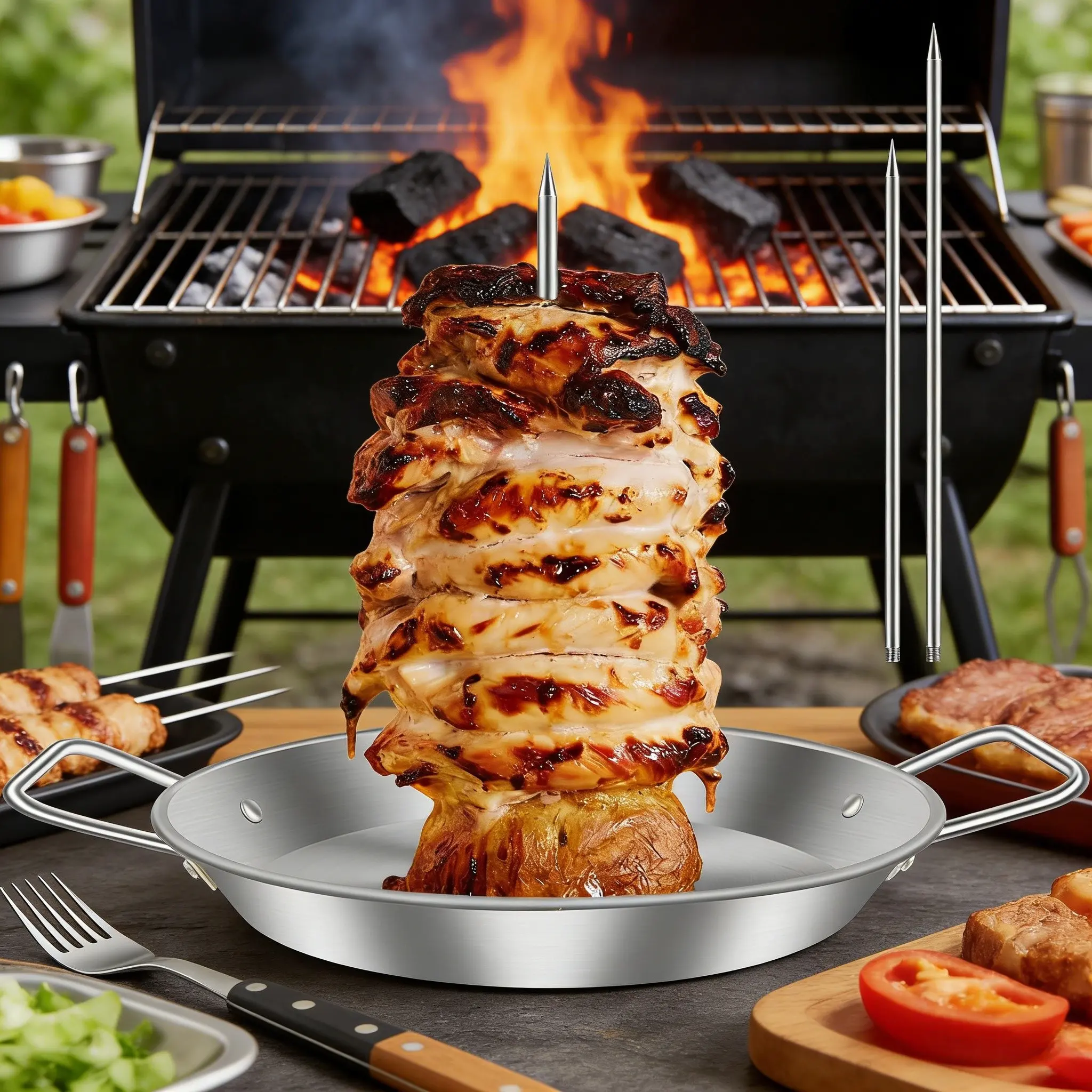 Vertical Skewer Rack Sus304 Stainless Steel, Includes 3 Sizes of Skewers and Handle, Ideal for Whole Chicken, Fish, Sausage, Steak, All Seasons