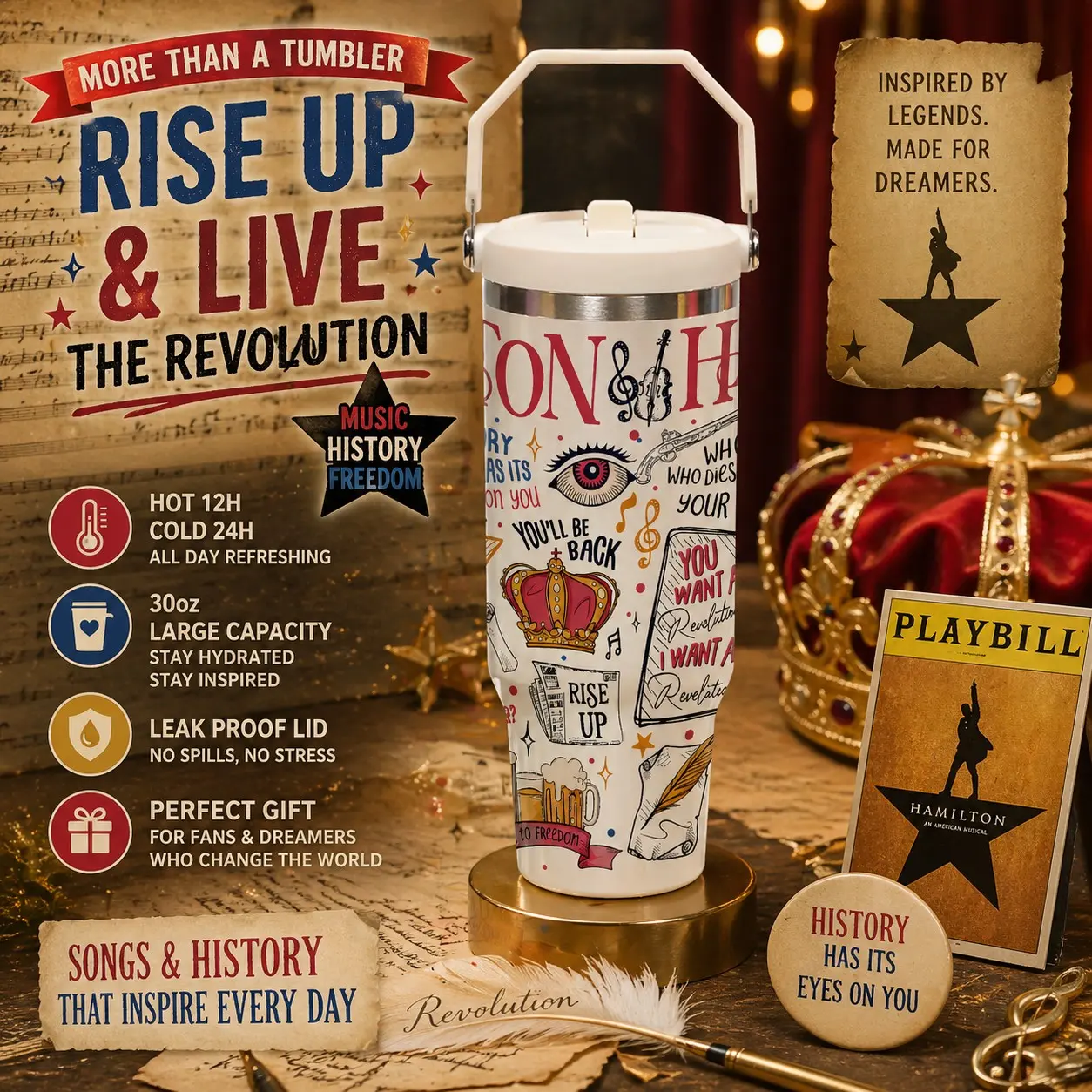 1 Pc 30oz Broadway Musical Inspired Text Print, Hamilton Style Theater Quote Design, Double Wall Vacuum Insulated Mug, Leak Proof Lid, Keeps Drinks Hot 12H Cold 24H, Large Capacity Handle Tumbler, Drinkware, Christmas Holiday Gift for Music Lovers