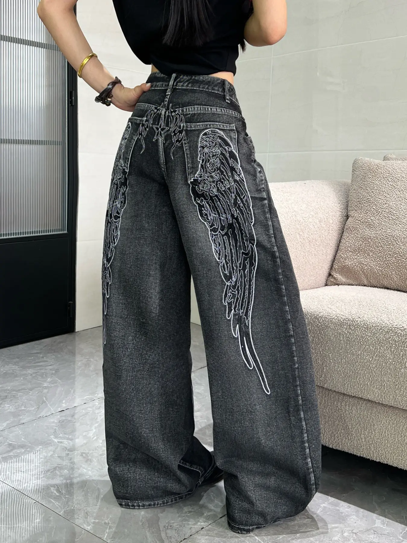 Women's Vintage Washed Wing Embroidery High Waist Straight Leg Wide Leg Jeans, Y2K Street Fashion Streetwear Loose Fit Long Pants Bottom, Baggy