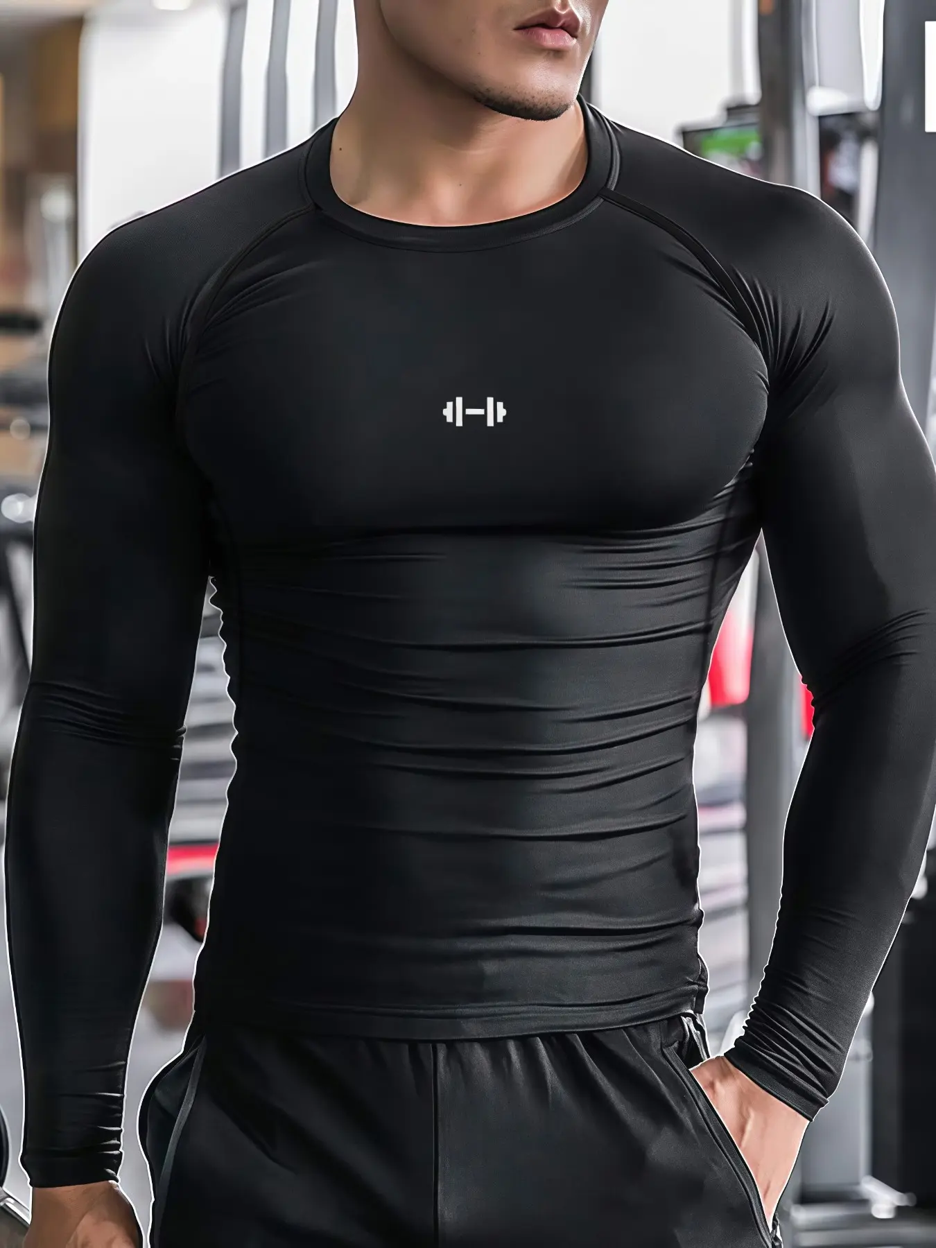 1pc Men's Long Sleeve Compression Shirt, Stretchy Breathable Quick Dry Base Layer T-Shirt with Chest Dumbbell Print, Athletic Running Top for Gym & Fitness, Compression Tops
