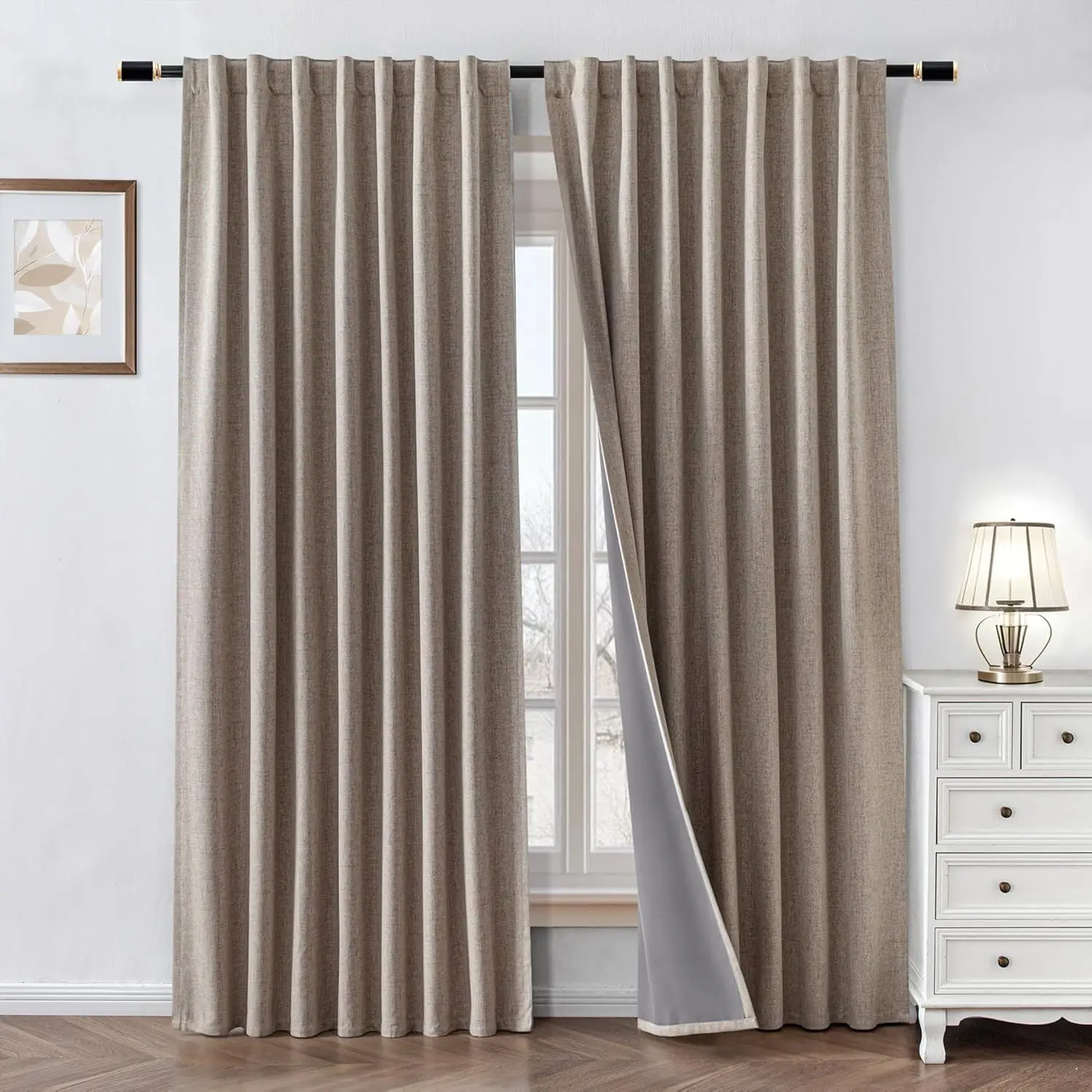 100% Blackout Curtains 84 inch Length 2 Panels Faux Long Drapes for Bedroom Nursery Living Room Black Out Room Darkening Thermal Back Tab Rod(W52 x L84, Beige)