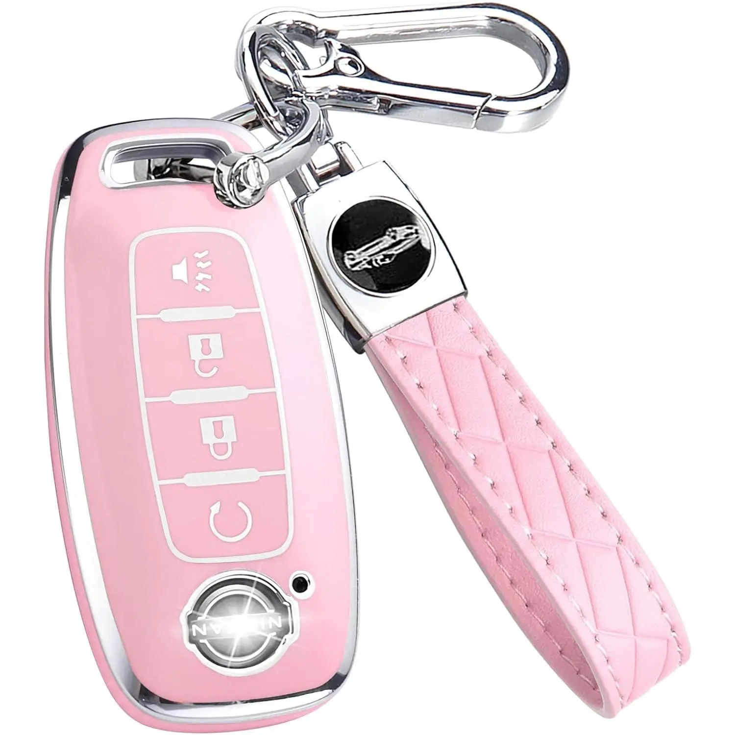 Key Fob Cover for Nissan with Keychain Accessories, Premium Soft TPU Full Protection Key Case for 2023 2024 Pathfinder Rogue Kicks 2025 Smart Key Protector (4 Buttons, Pink)