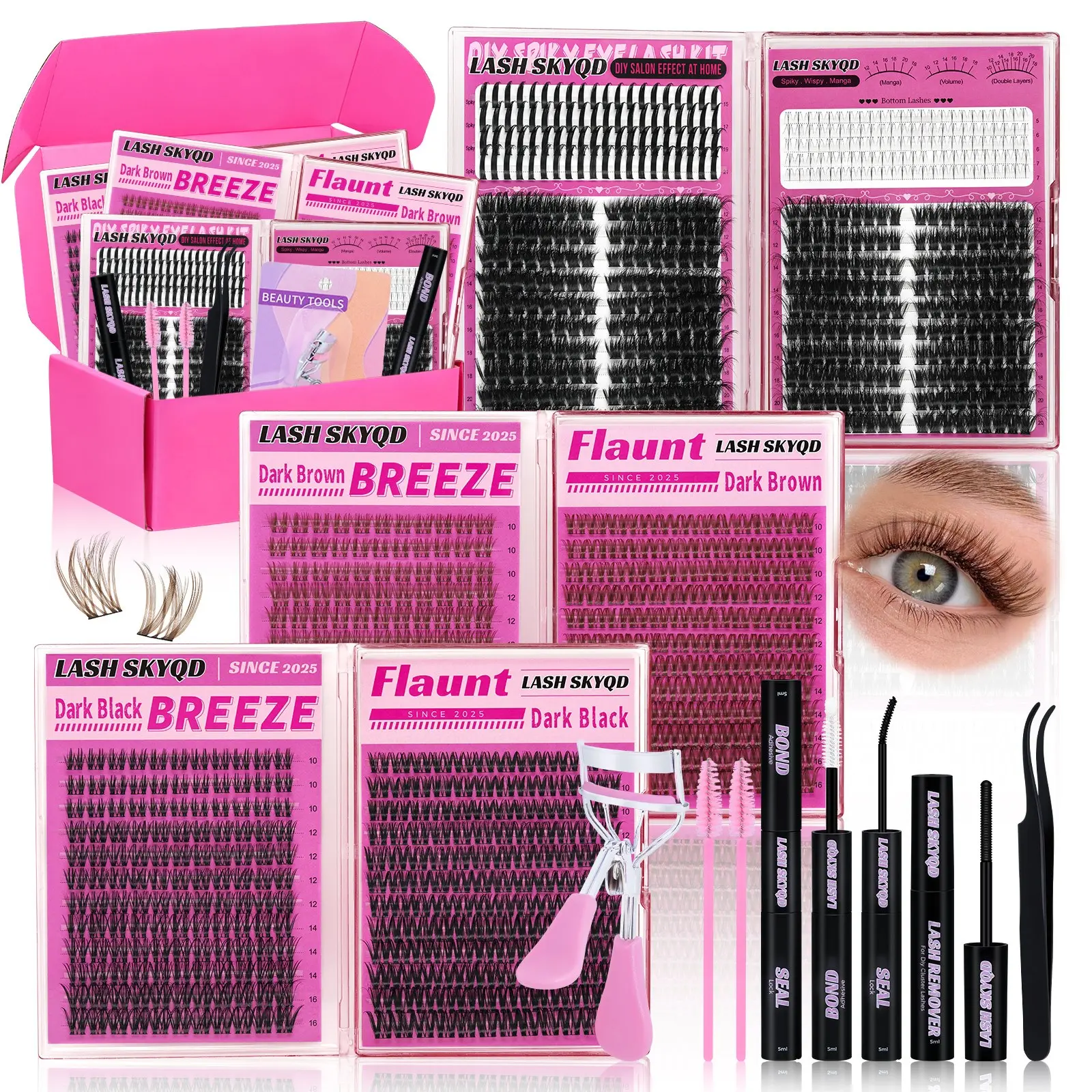 1032 Pcs D Curl Eyelash Clusters Set, Mixed 5-21mm 8 Styles Bottom/Spike/Wipsy/Cat Lashes Brown&Black Lashes, Kit with Bond&Seal Remover Tweezers Eyelash Curler Lash Brush, DIY at Home Easily, Easy Apply for Makeup Daily, DIY Eyelashes Clusters