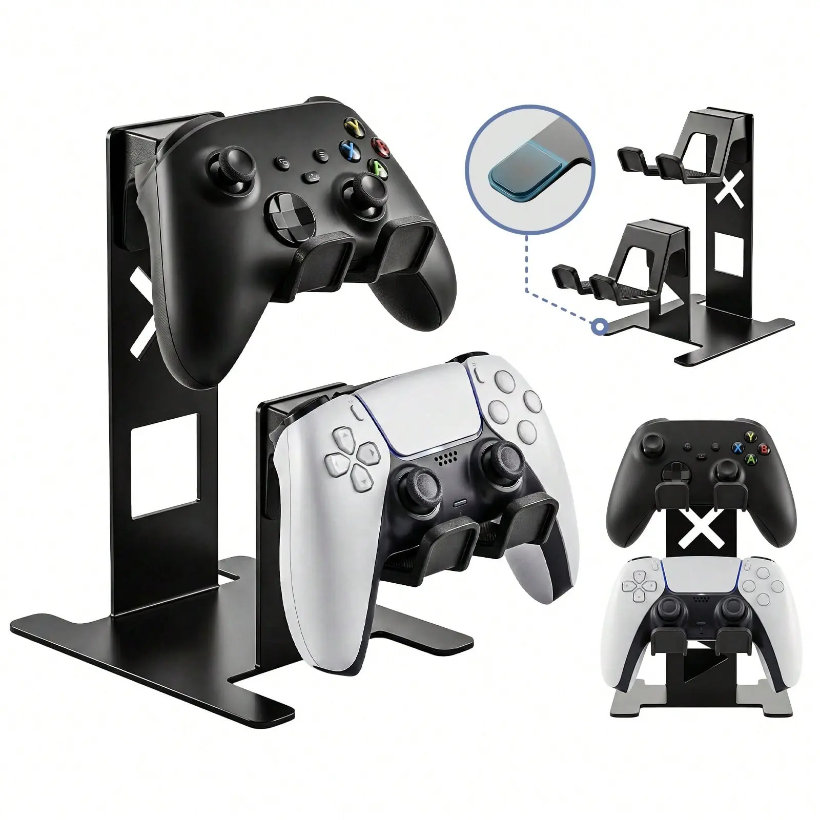 Dual Game Controller Stand, Desktop Gamepad Holder, Solid Metal Frame, Anti-Slip Base, Protective Hooks, Space Saving